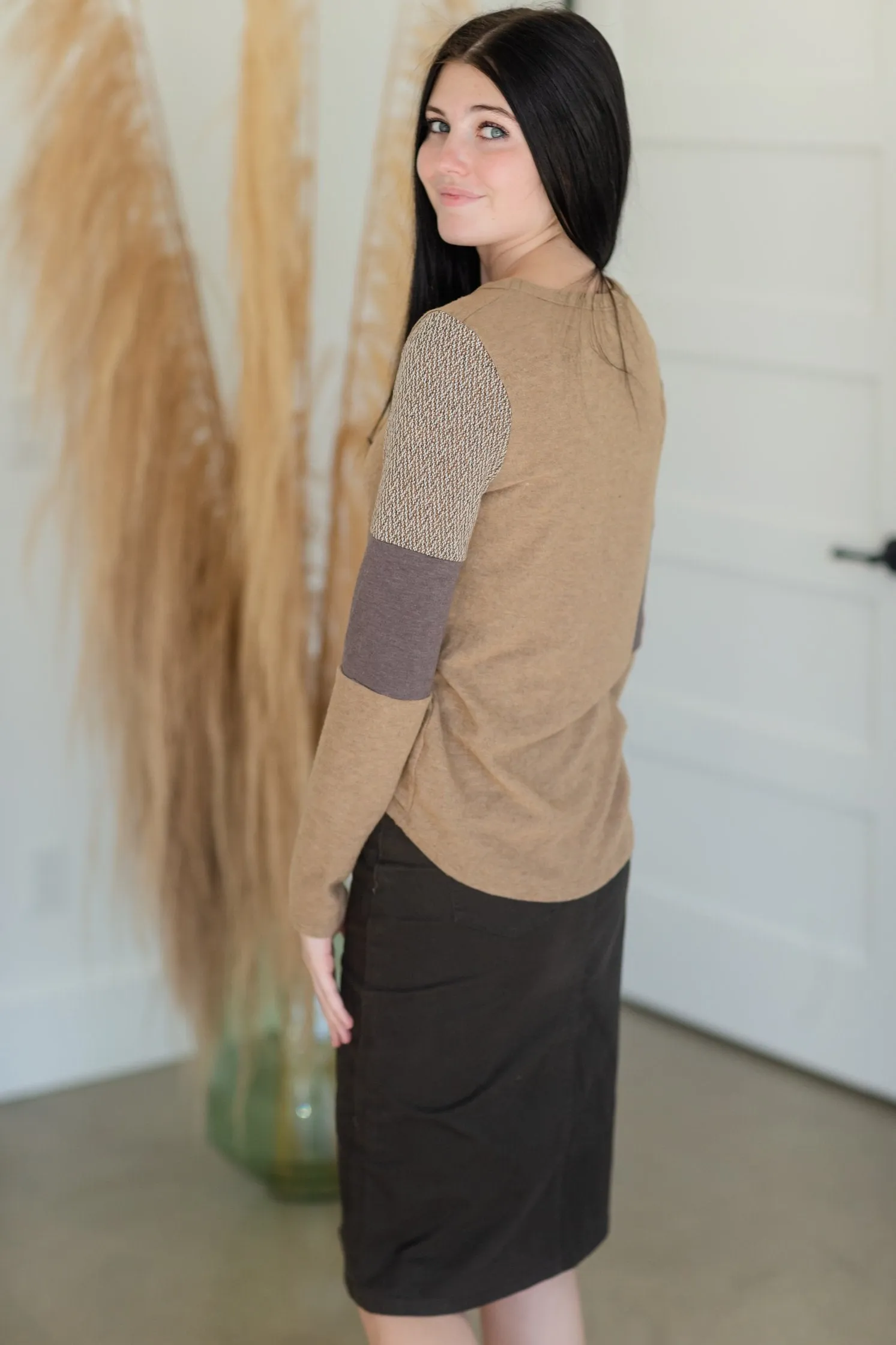 Brown Color Block Long Sleeve Knit Top