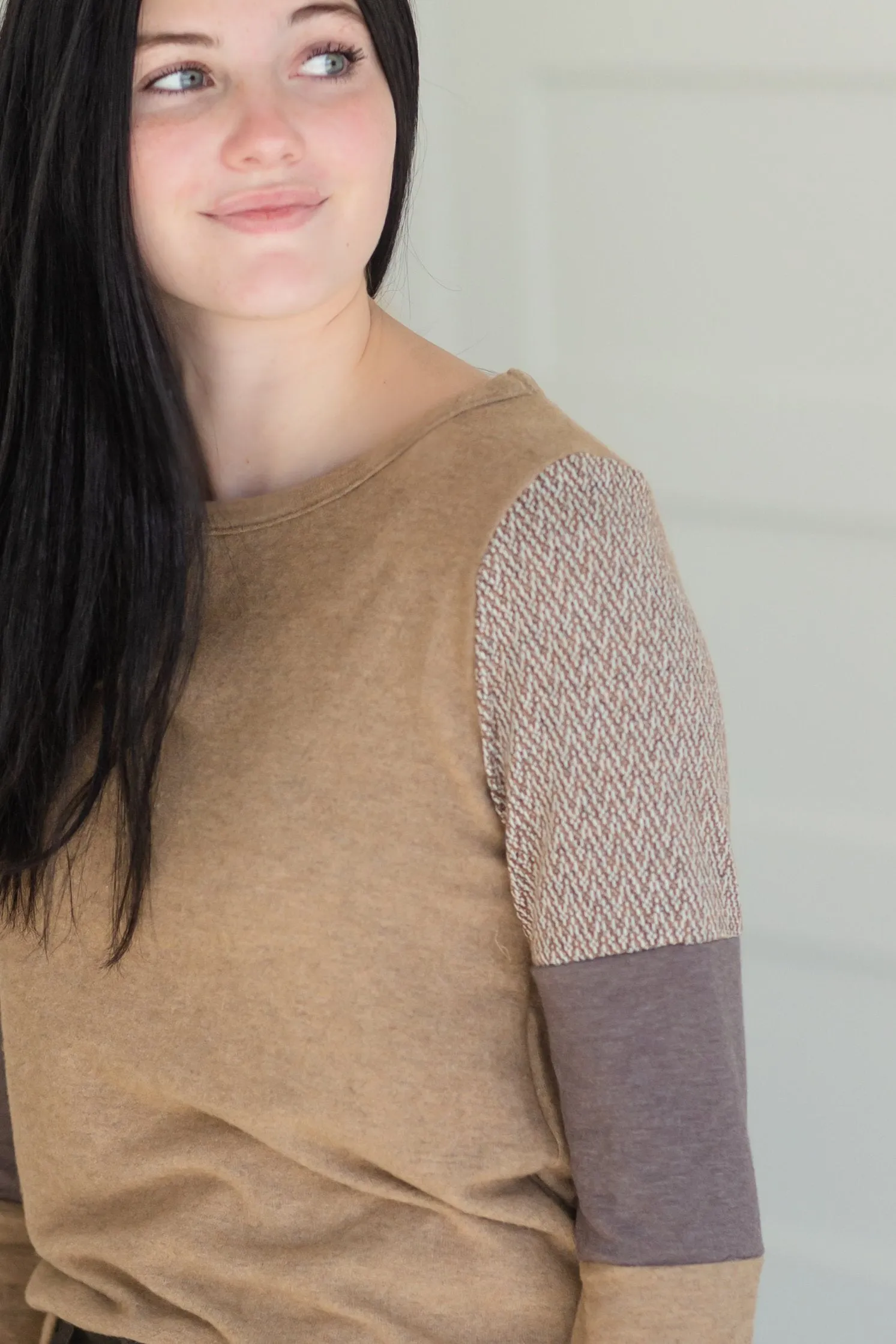 Brown Color Block Long Sleeve Knit Top