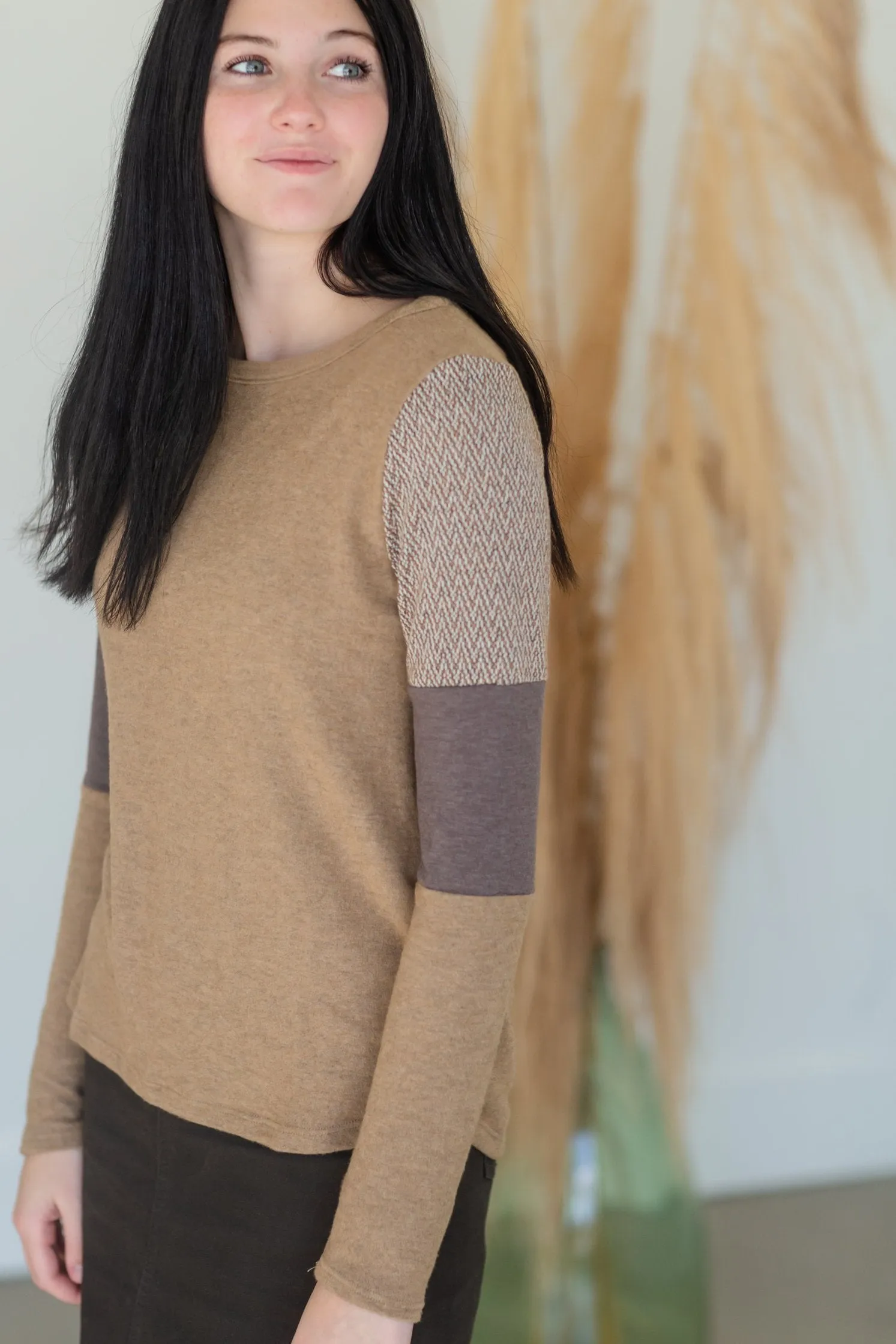 Brown Color Block Long Sleeve Knit Top