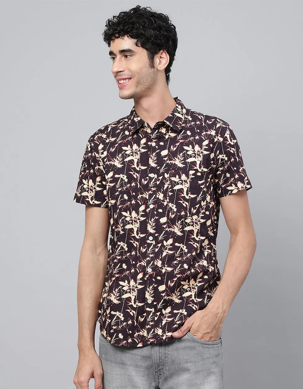 Brown Floral Printed Casual Shirt