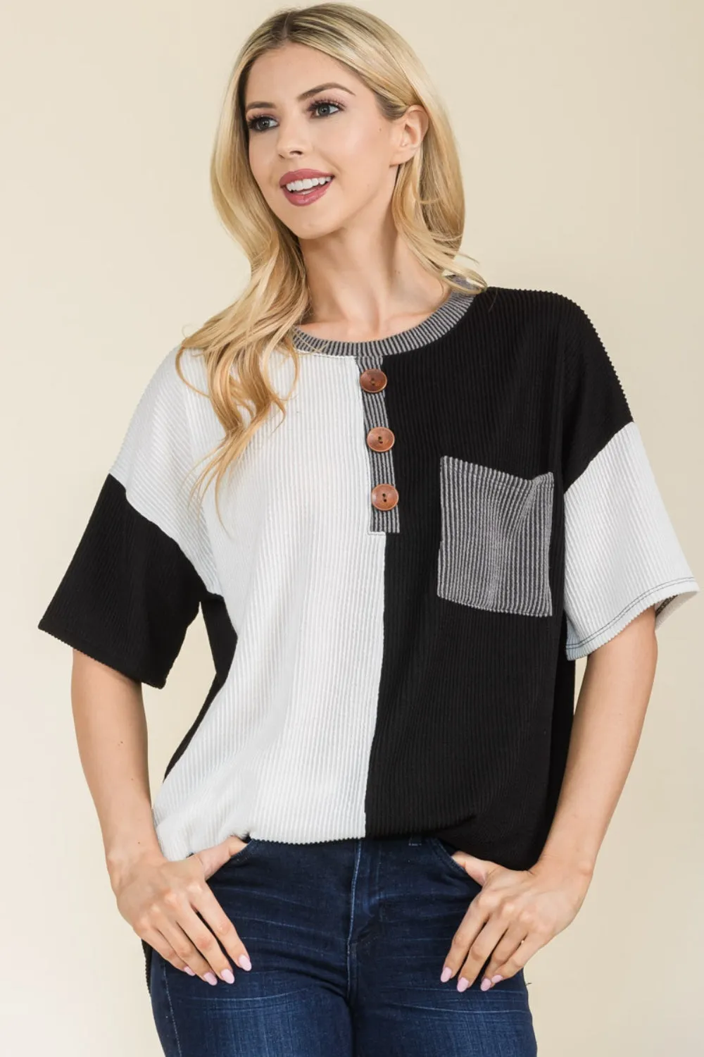 Celeste Full Size Ribbed Color Block Short Sleeve T-Shirt