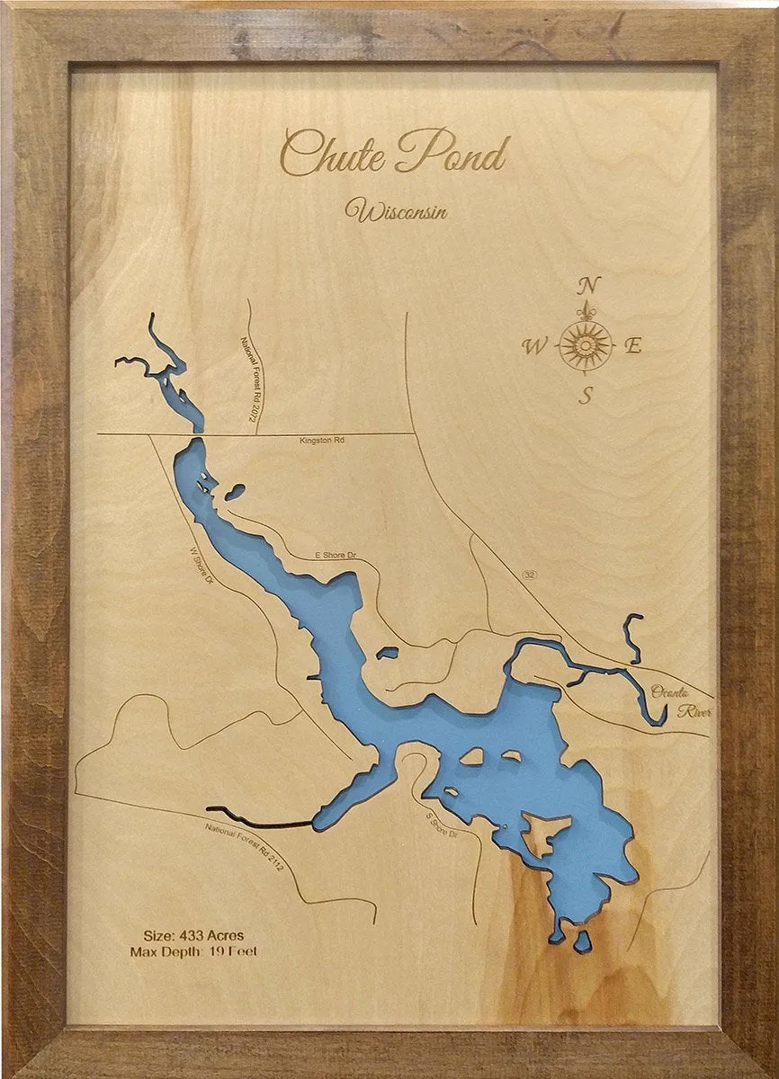 Chute Pond, Wisconsin - Laser Cut Wood Map