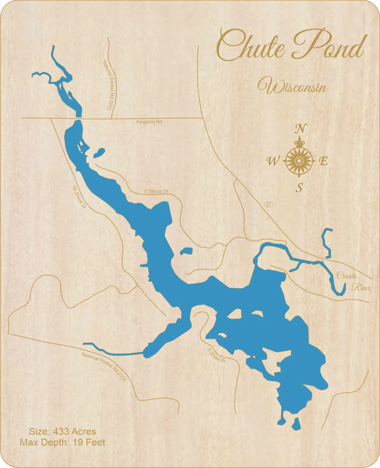 Chute Pond, Wisconsin - Laser Cut Wood Map