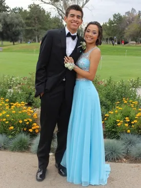 Custom Made A Line Round Neck 2 Pieces Light Blue Long Prom Dress, Blue Formal Dress