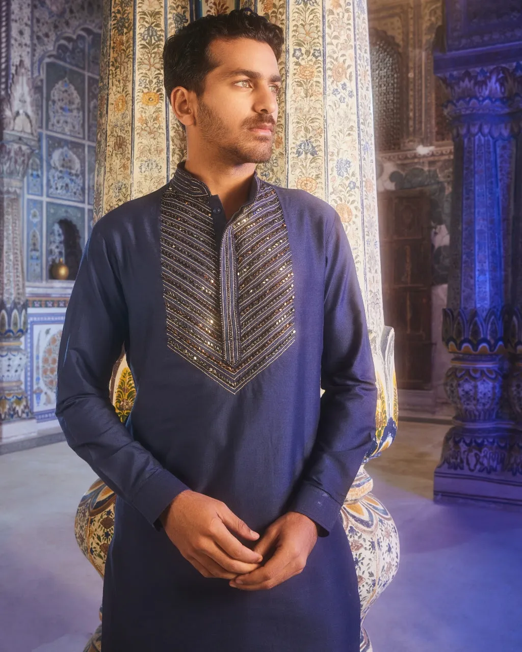 Dark Blue Placket Embroidered Kurta Set