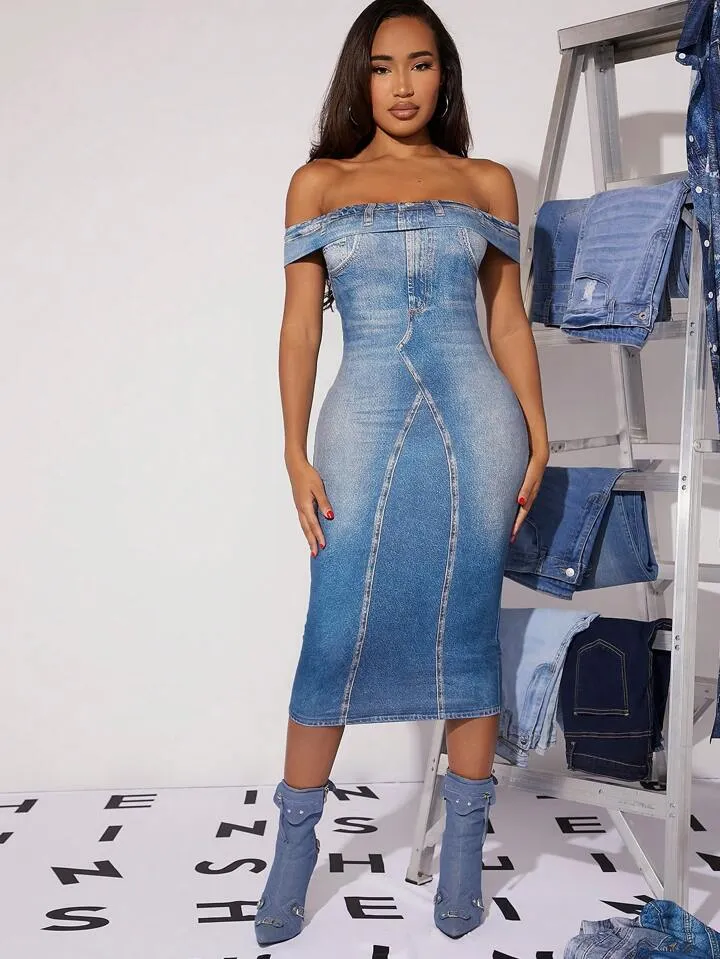 Denim-effect print off shoulder bodycon dress in blue