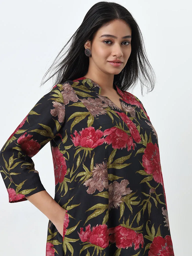 Diza Black Floral Design A-Line Kurta