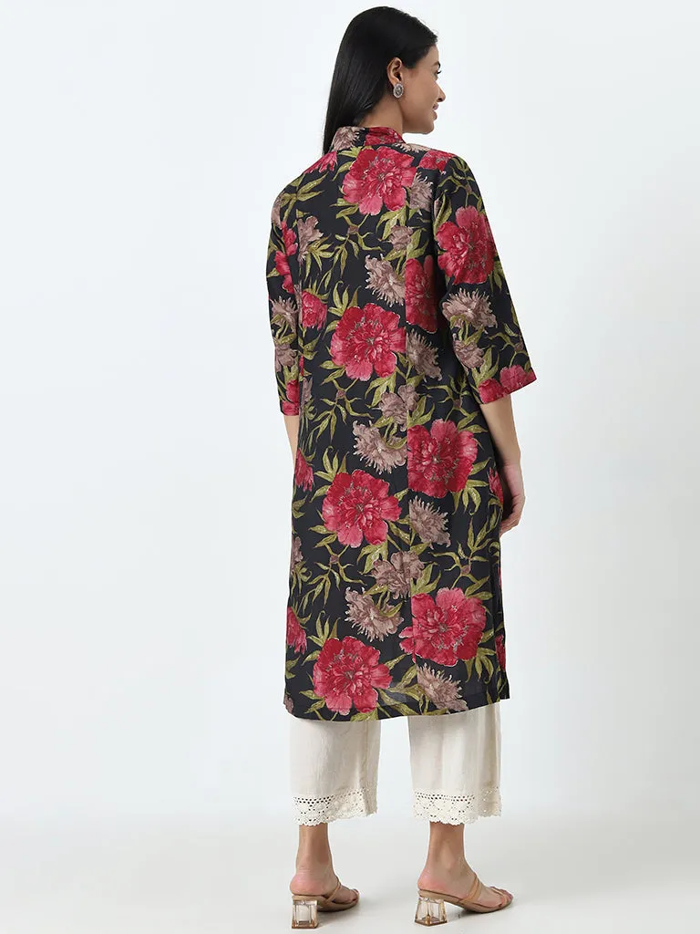 Diza Black Floral Design A-Line Kurta