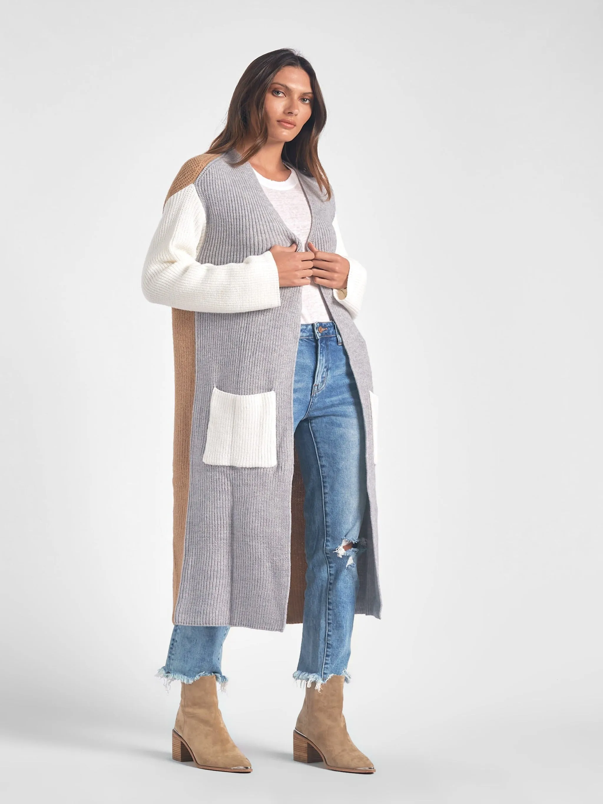 Elan Long Color Block Cardigan - Grey