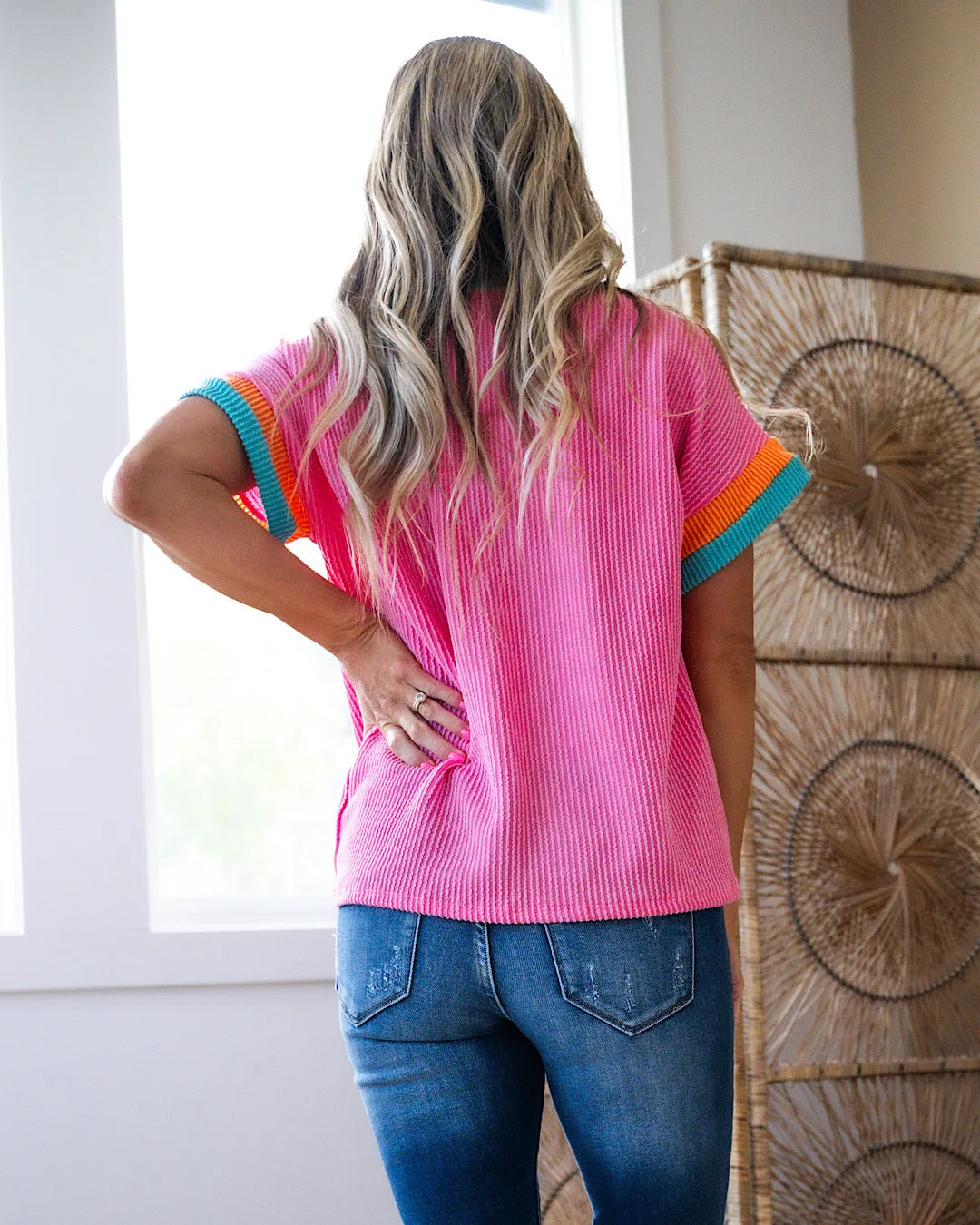 Ella Corded Color Block Top - Pink & Turquoise