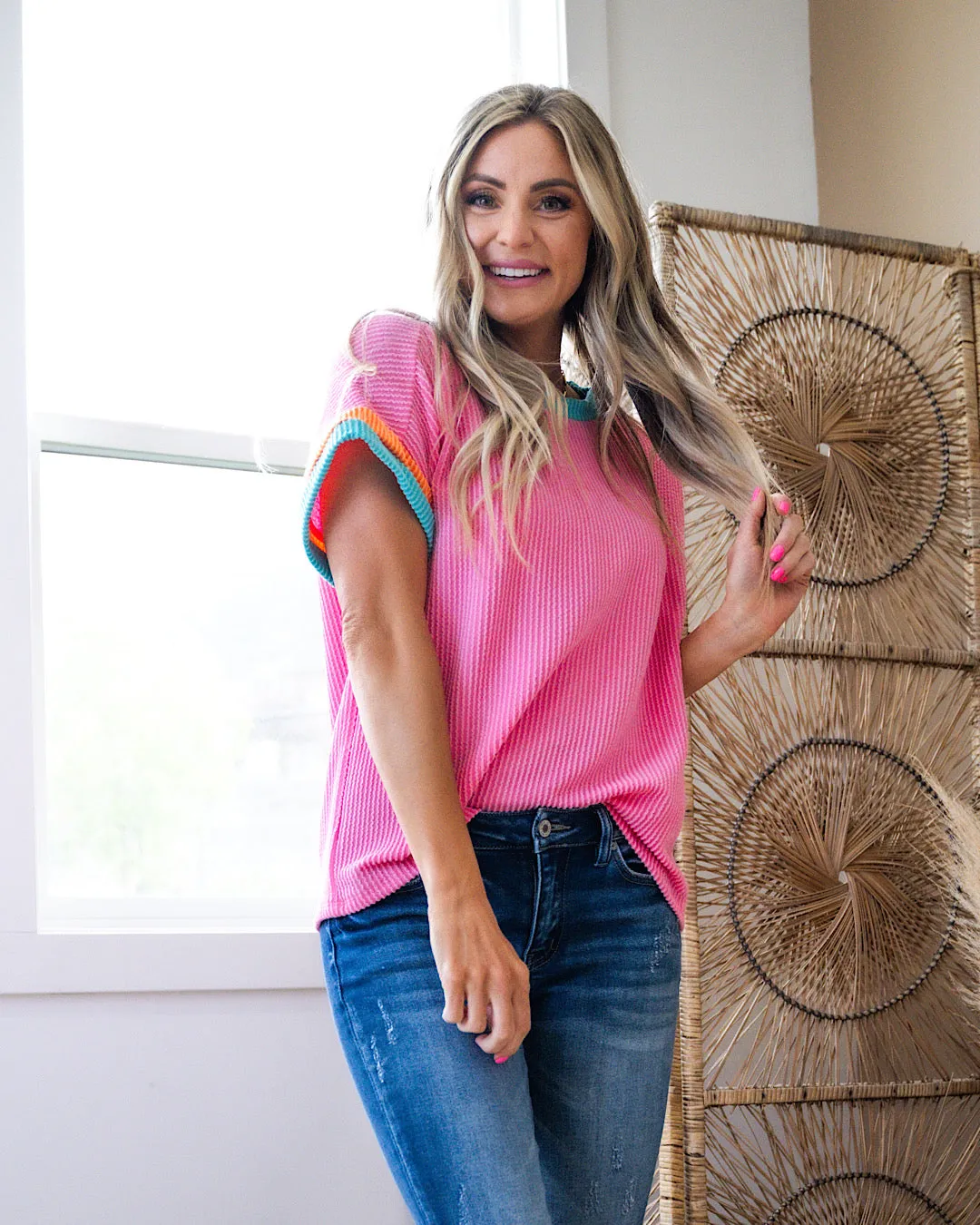 Ella Corded Color Block Top - Pink & Turquoise