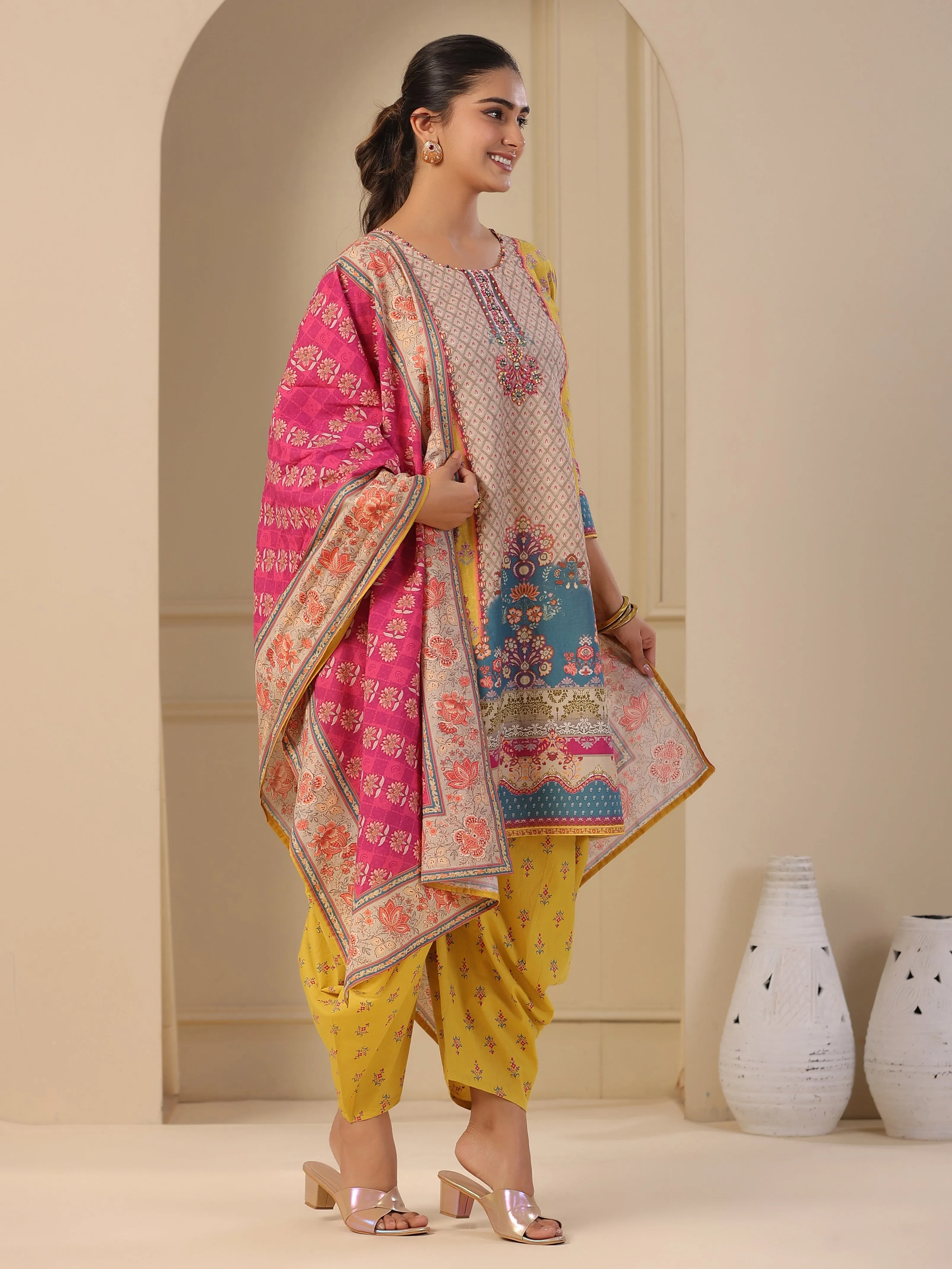 Ethnic Floral Printed & Embroidered A-Line Kurta with Dhoti Pant & Dupatta - Yellow