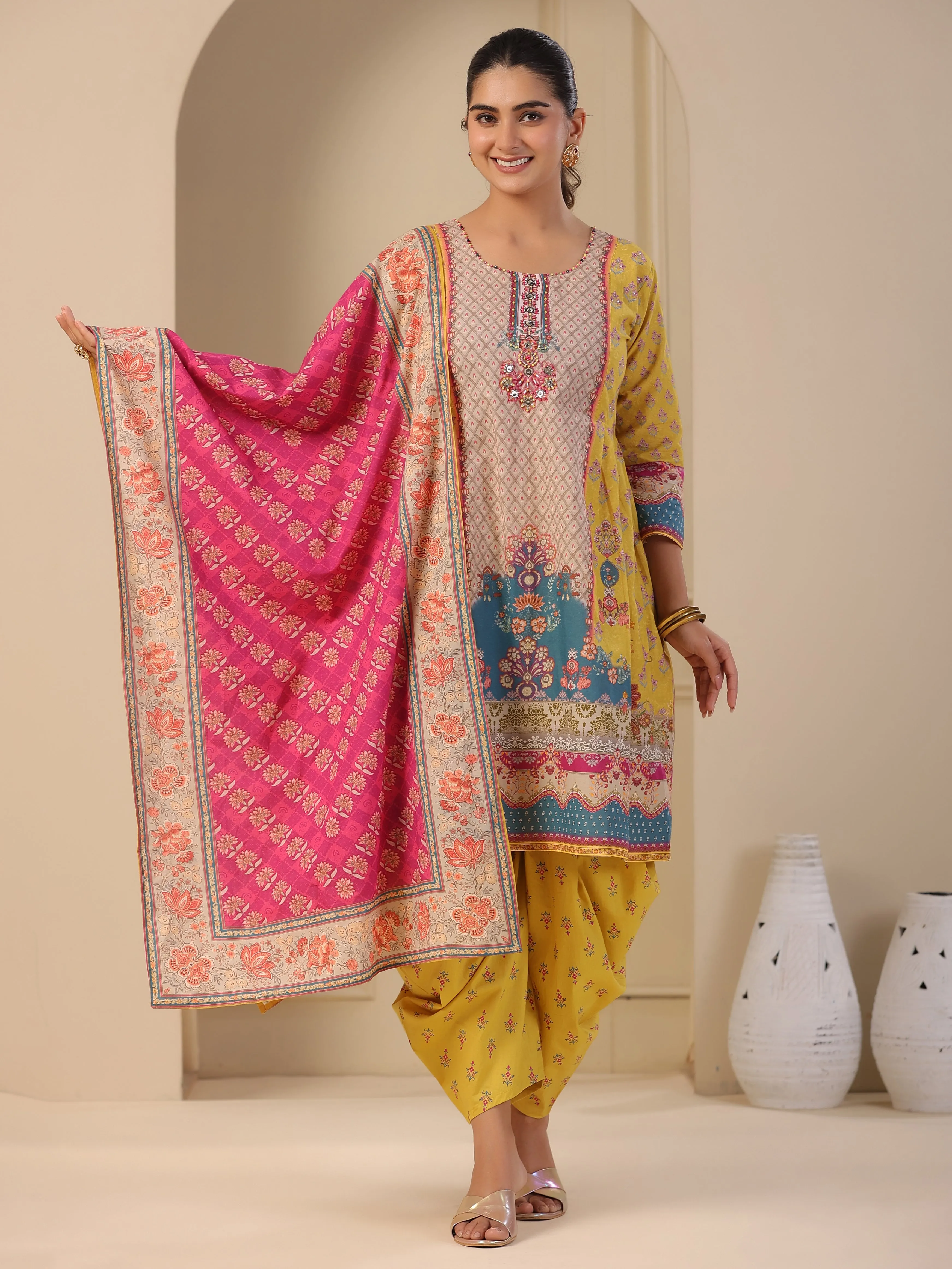 Ethnic Floral Printed & Embroidered A-Line Kurta with Dhoti Pant & Dupatta - Yellow