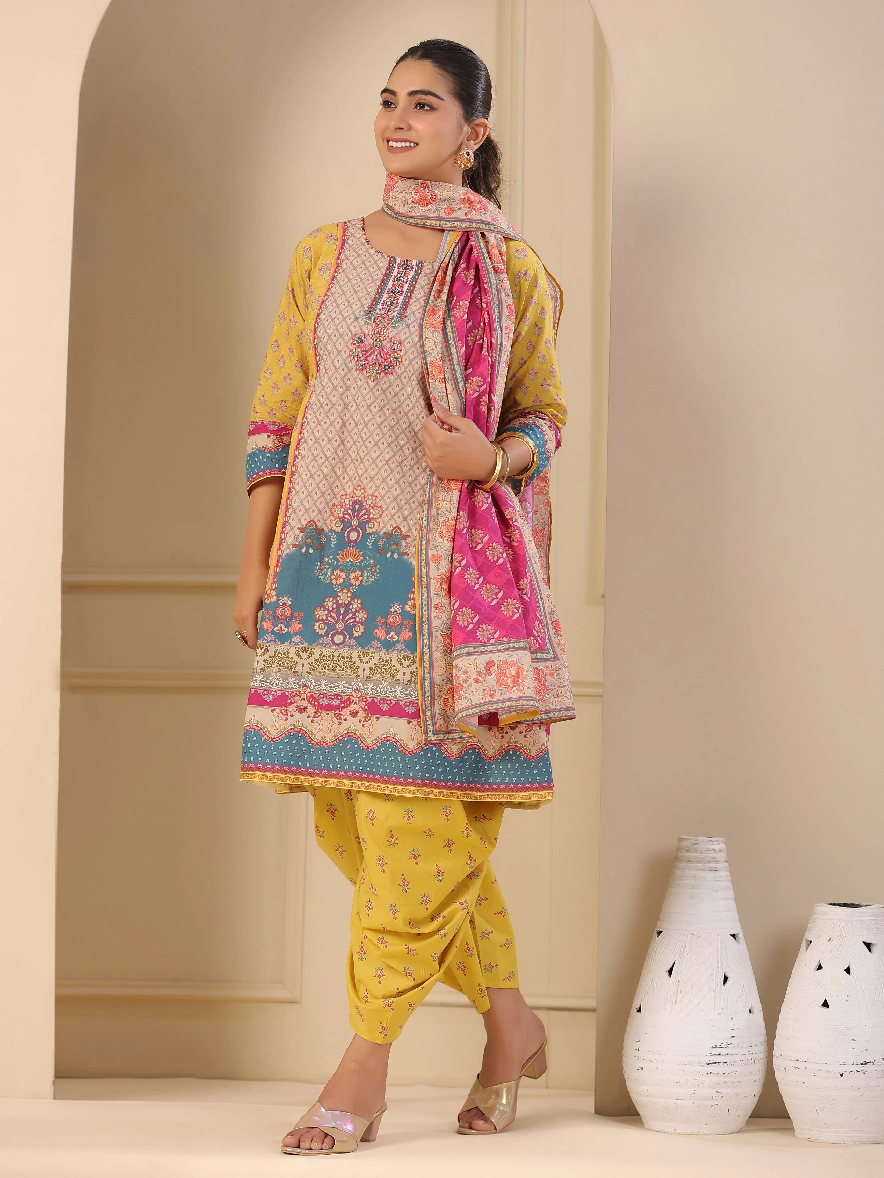 Ethnic Floral Printed & Embroidered A-Line Kurta with Dhoti Pant & Dupatta - Yellow