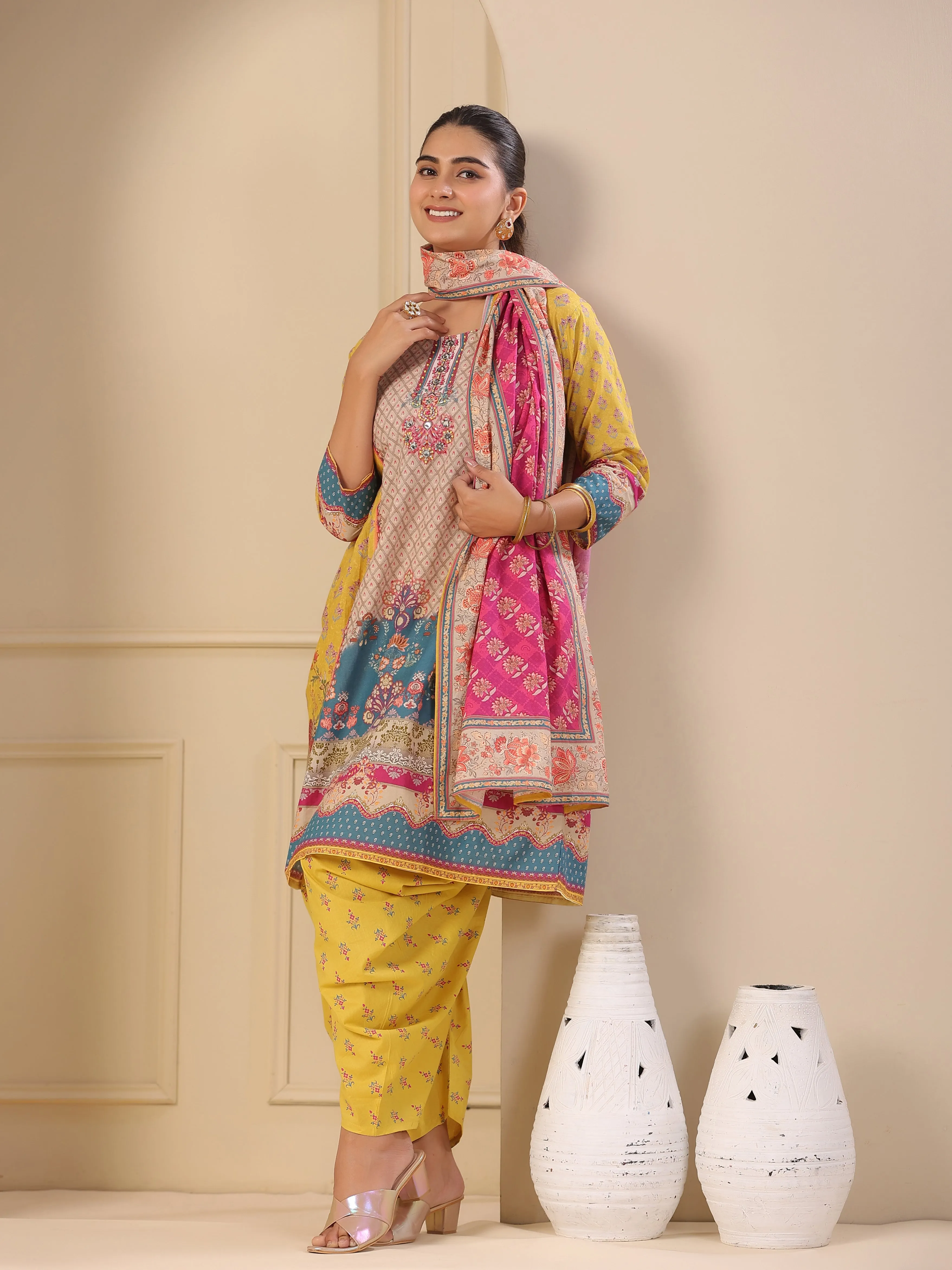 Ethnic Floral Printed & Embroidered A-Line Kurta with Dhoti Pant & Dupatta - Yellow