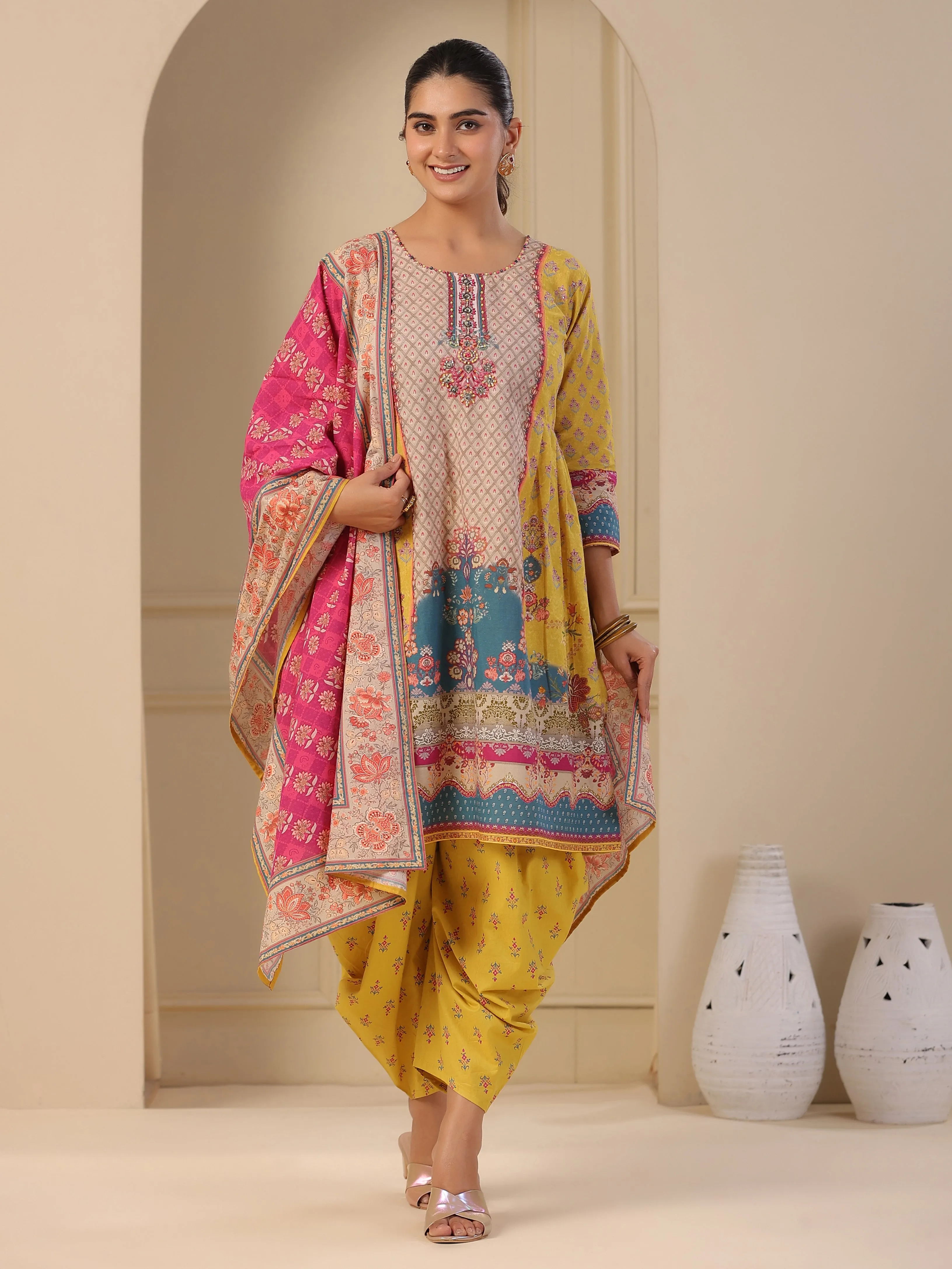 Ethnic Floral Printed & Embroidered A-Line Kurta with Dhoti Pant & Dupatta - Yellow