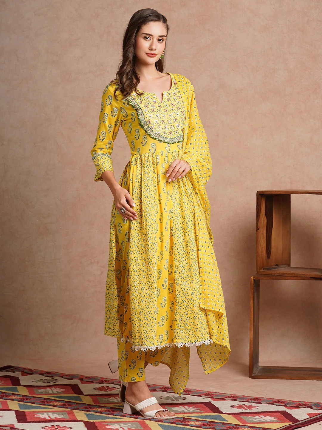 Ethnic Floral Printed & Hand Embroidered Anarkali Kurta with Pant & Dupatta - Yellow