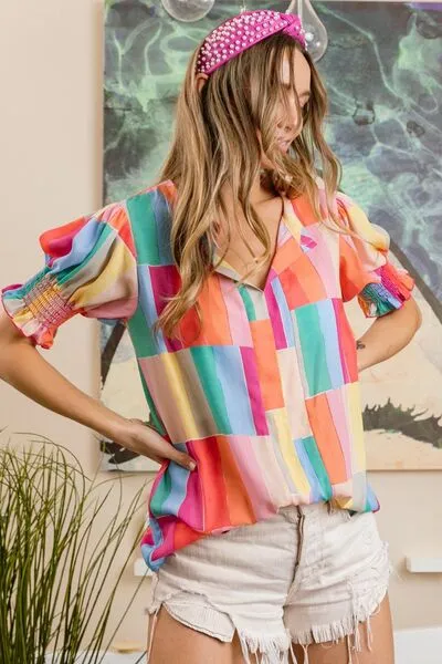 Explore More Collection - BiBi Color Block Smocked Short Sleeve Blouse