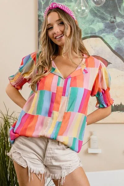 Explore More Collection - BiBi Color Block Smocked Short Sleeve Blouse