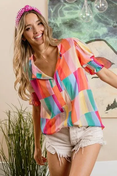 Explore More Collection - BiBi Color Block Smocked Short Sleeve Blouse