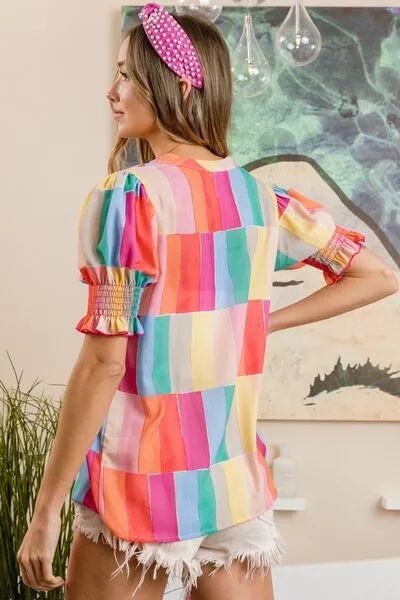 Explore More Collection - BiBi Color Block Smocked Short Sleeve Blouse