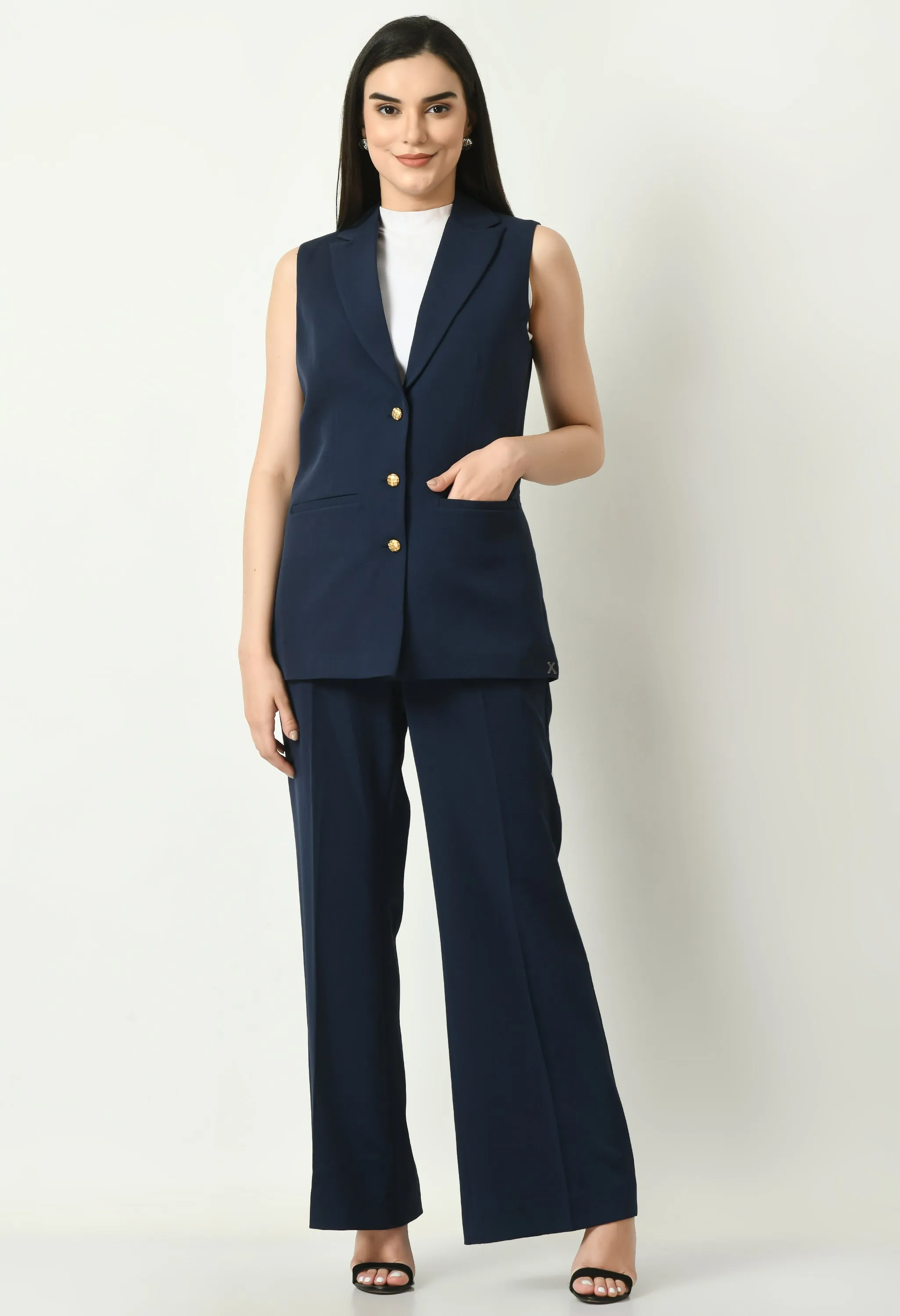 Exude Aspiration Sleeveless Blazer with Bootcut Trousers (Navy)