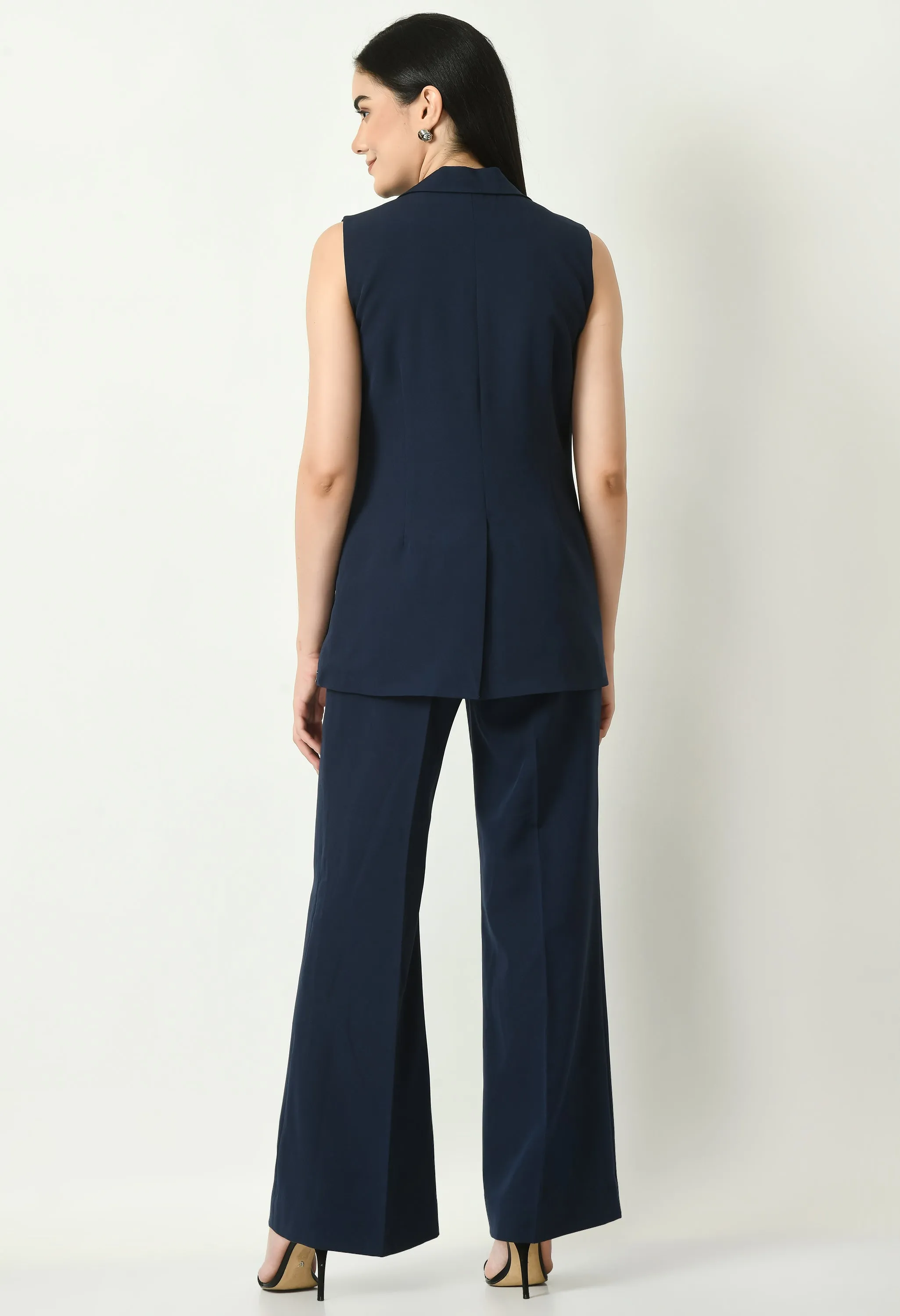 Exude Aspiration Sleeveless Blazer with Bootcut Trousers (Navy)