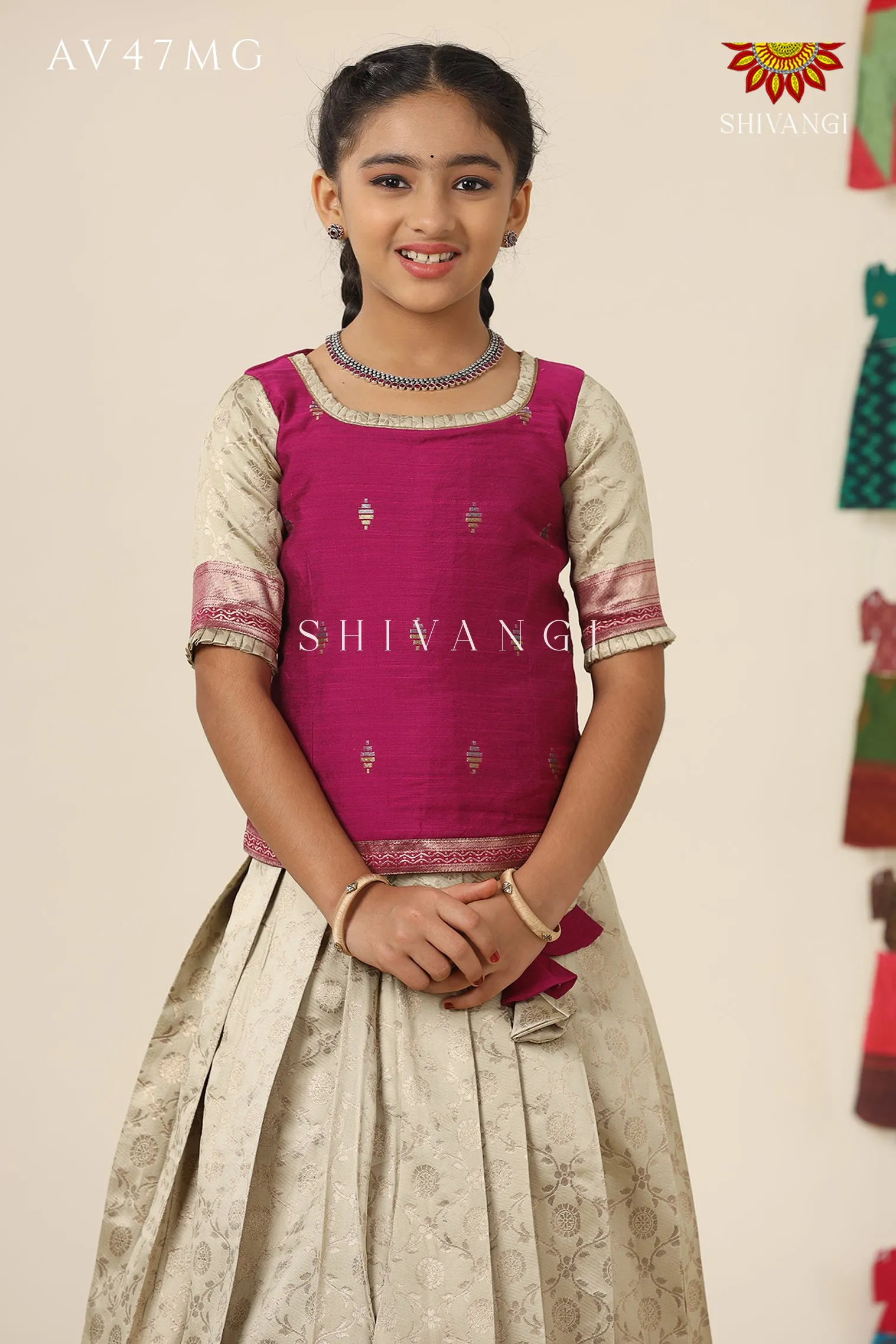 Festive Collection - Magenta Banaras Mughal Pattu Pavadai  For Girls !!