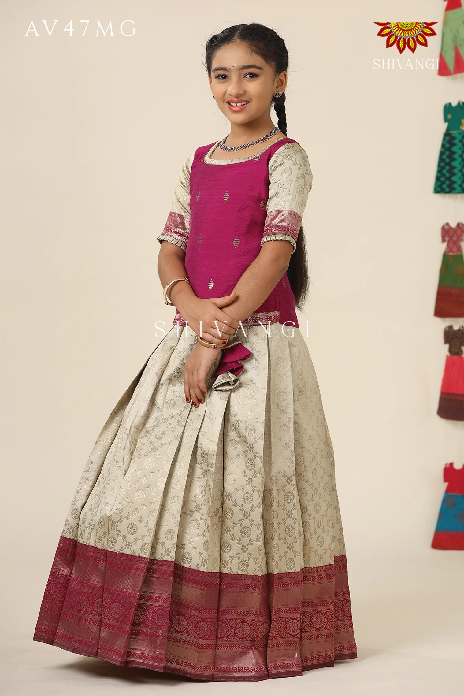 Festive Collection - Magenta Banaras Mughal Pattu Pavadai  For Girls !!