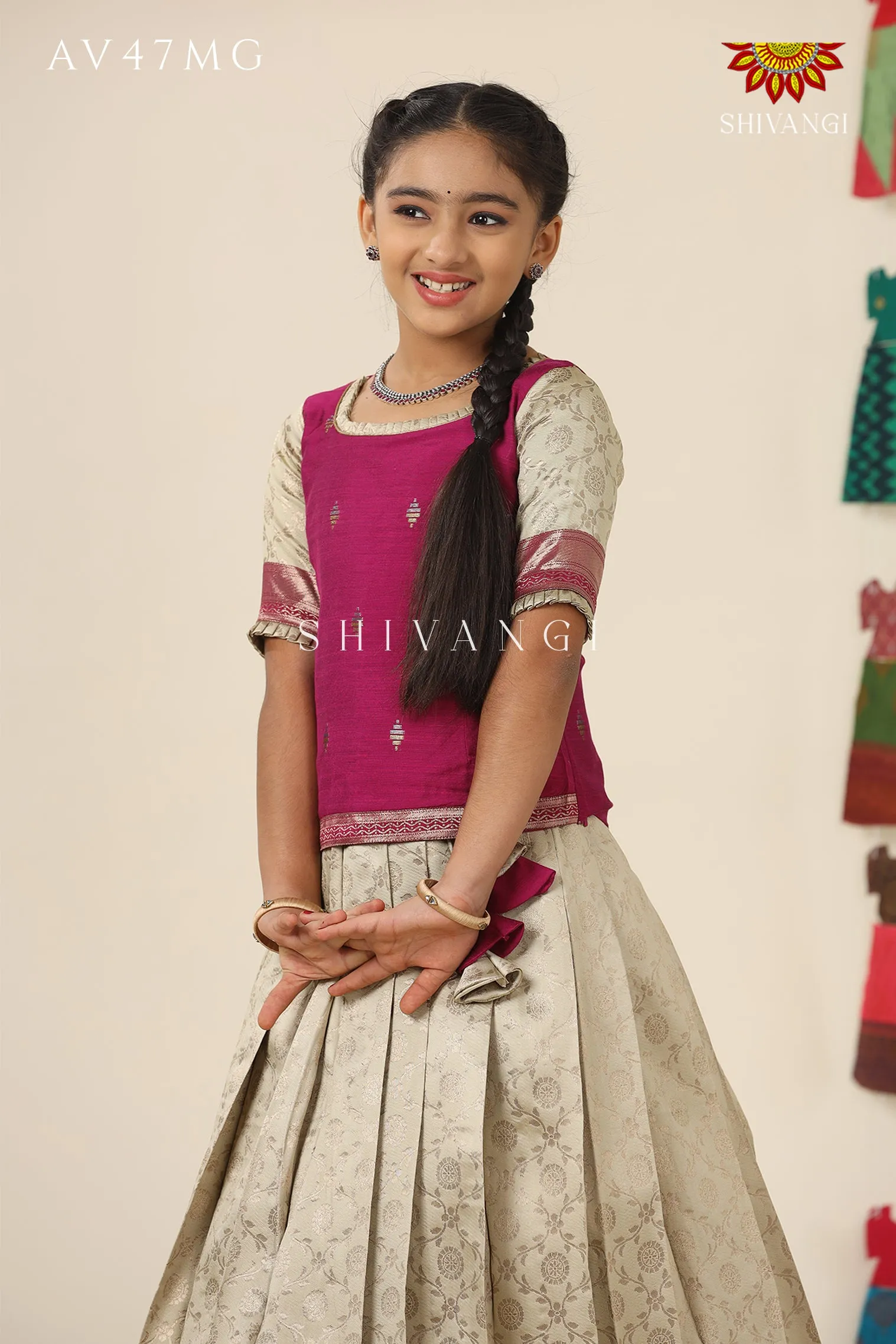 Festive Collection - Magenta Banaras Mughal Pattu Pavadai  For Girls !!