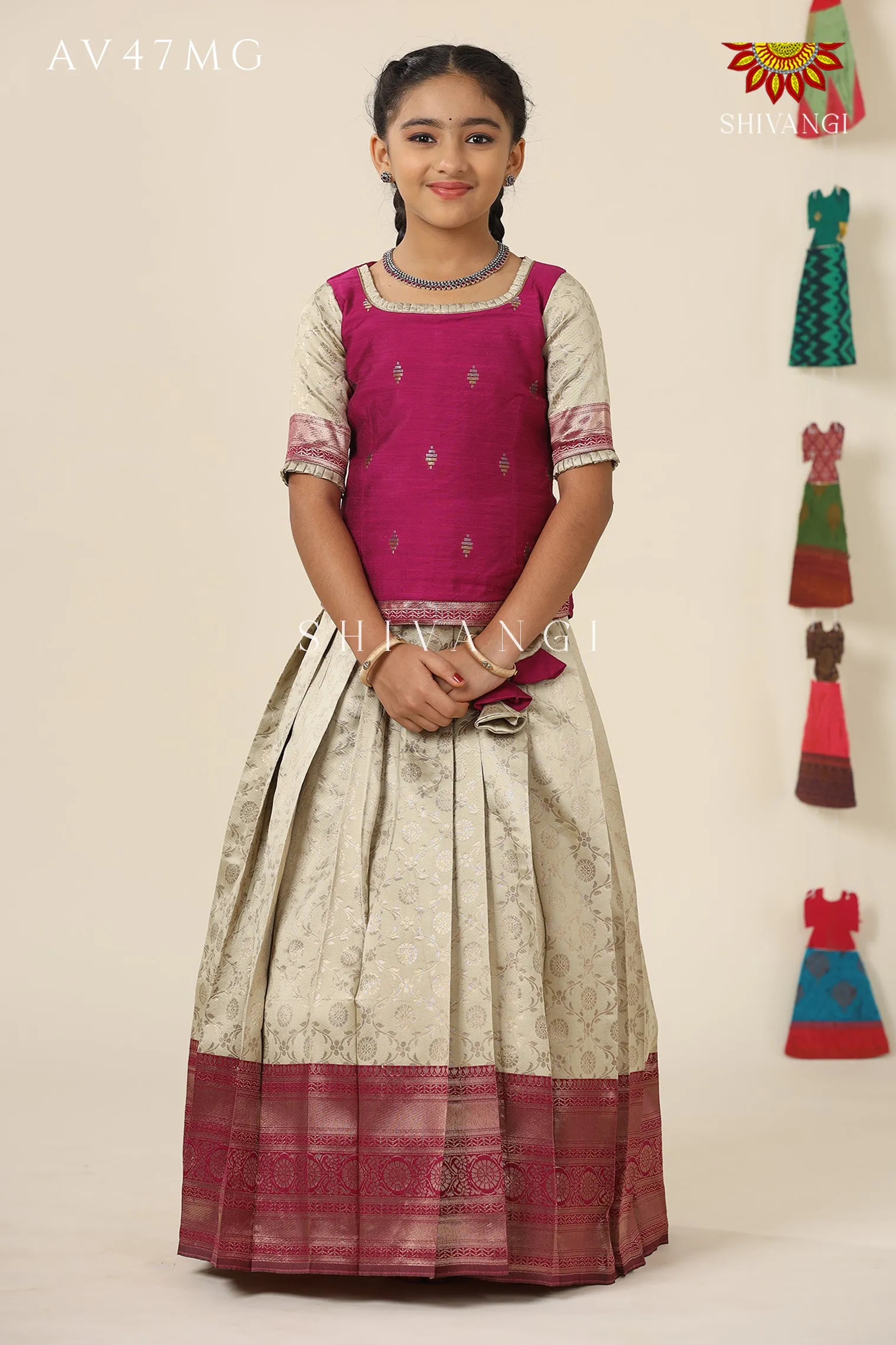 Festive Collection - Magenta Banaras Mughal Pattu Pavadai  For Girls !!