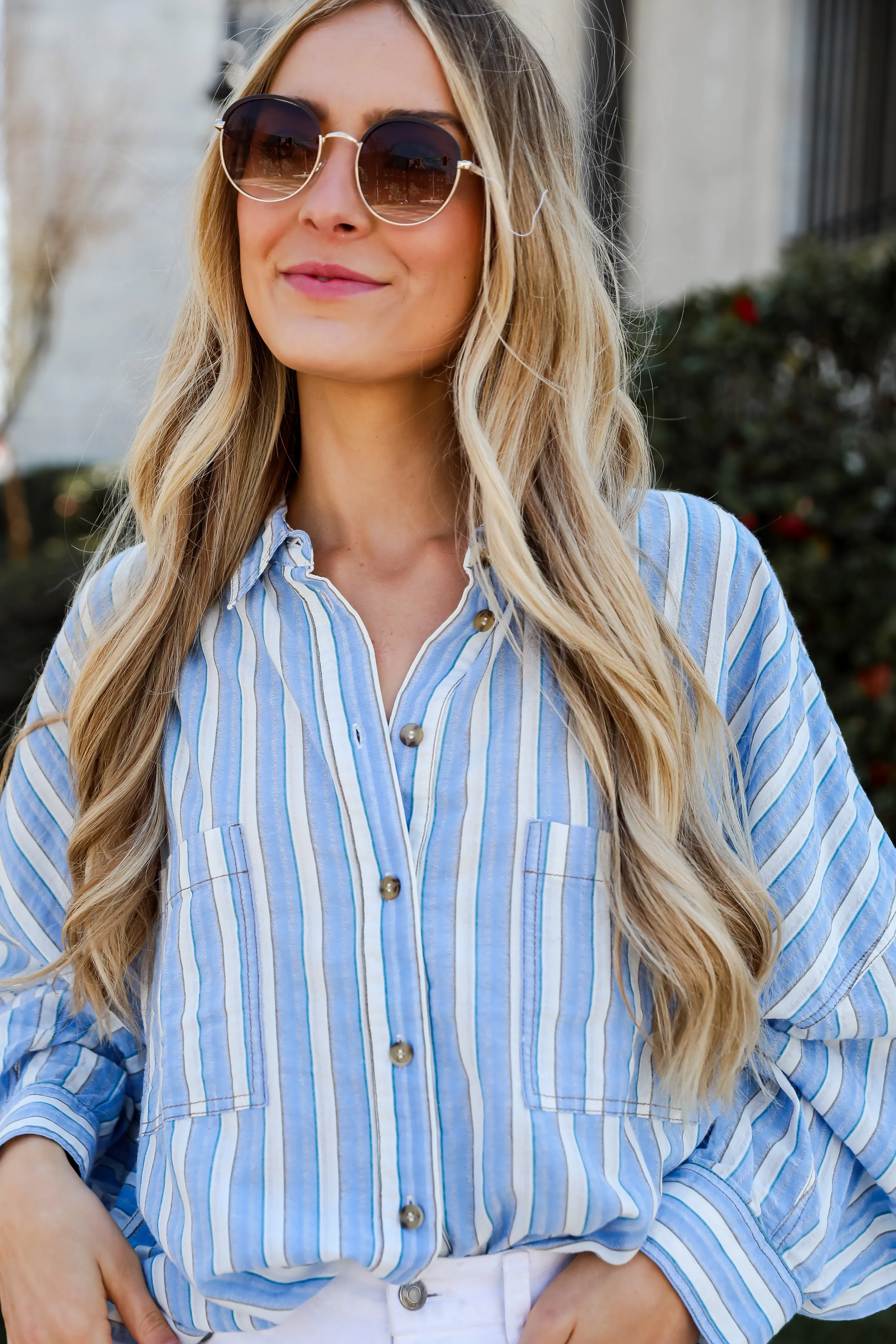 FINAL SALE - Breeze By Blue Striped Button-Up Blouse