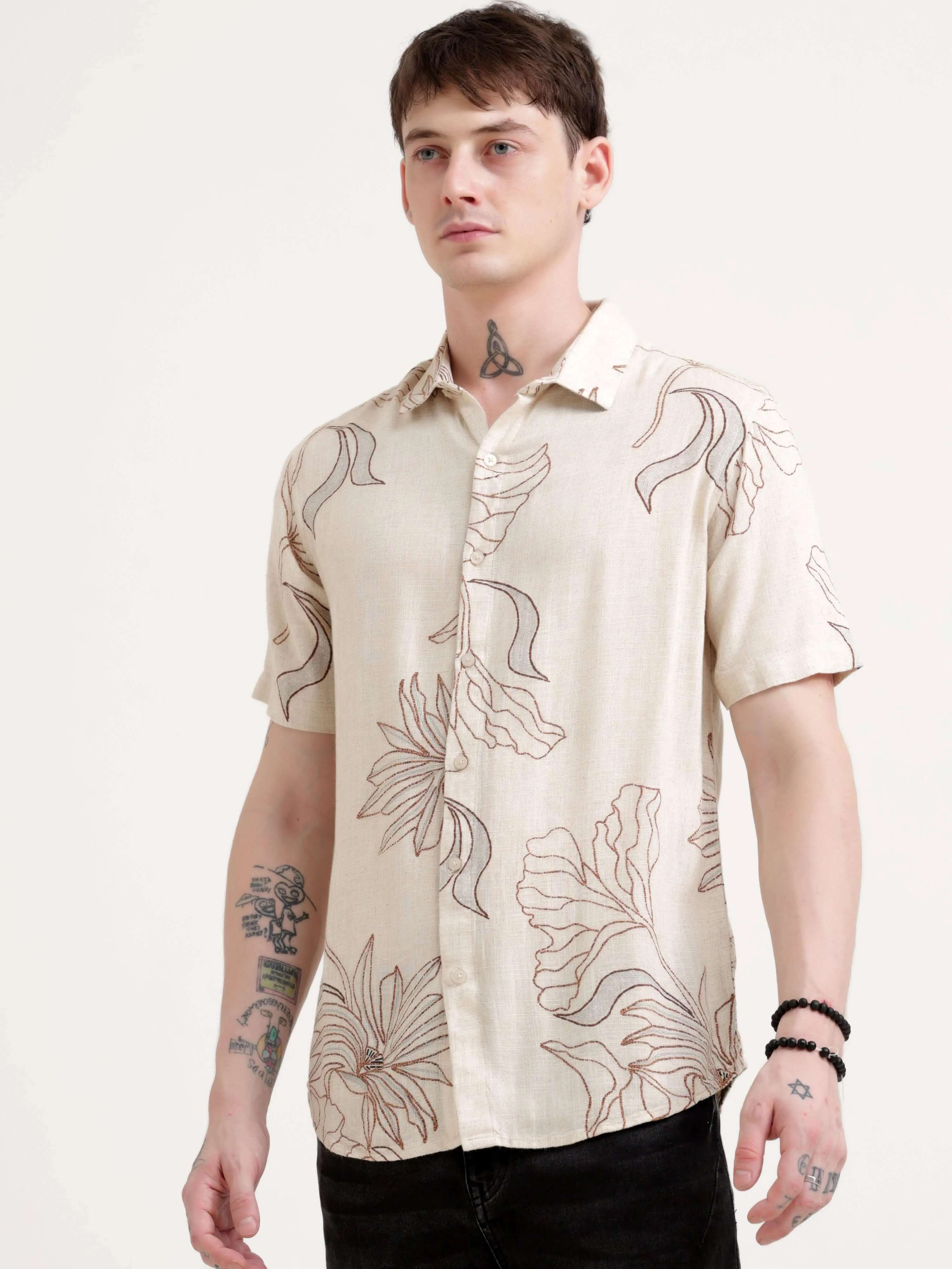 Floral printed beige half sleeve shirt