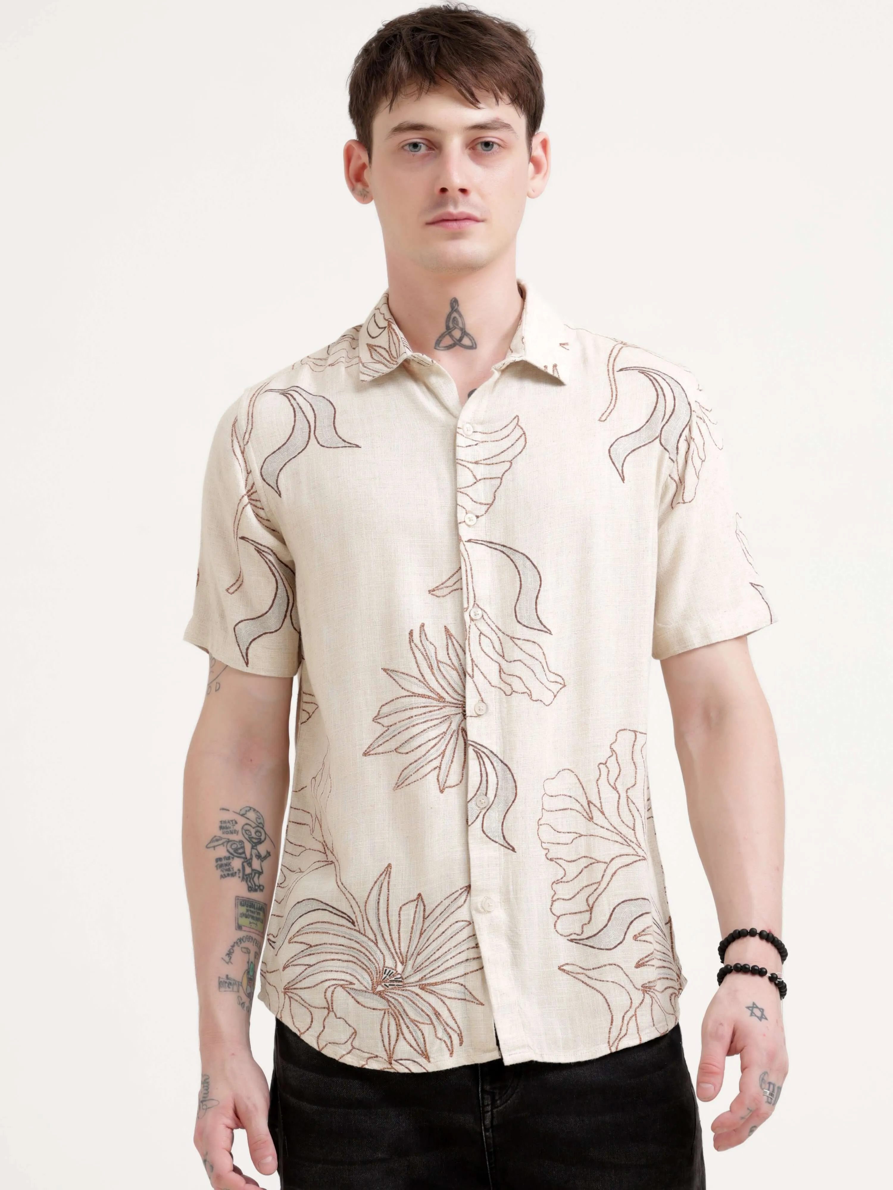 Floral printed beige half sleeve shirt