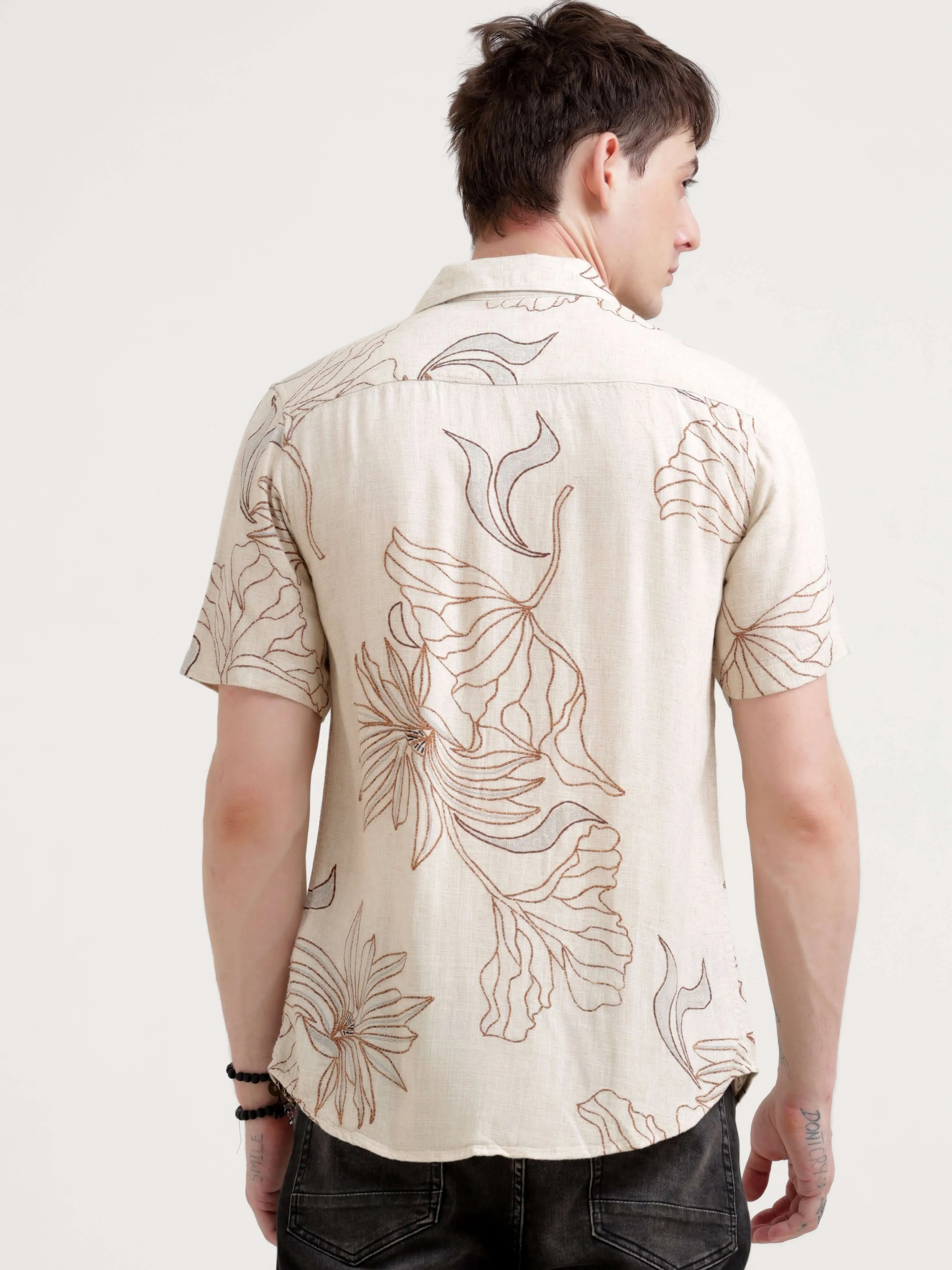 Floral printed beige half sleeve shirt