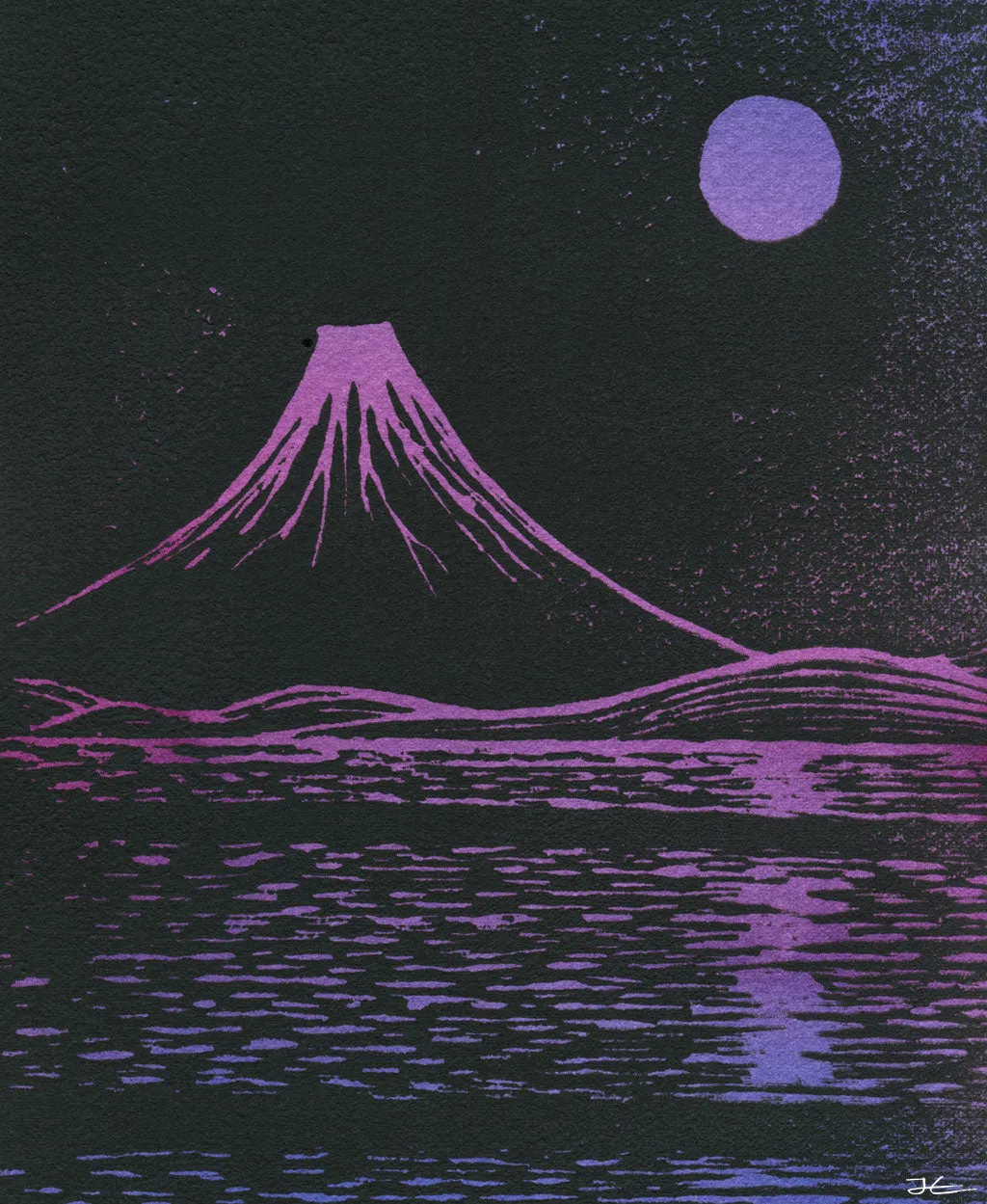 Fuji San 1. Original signed block print/ water color