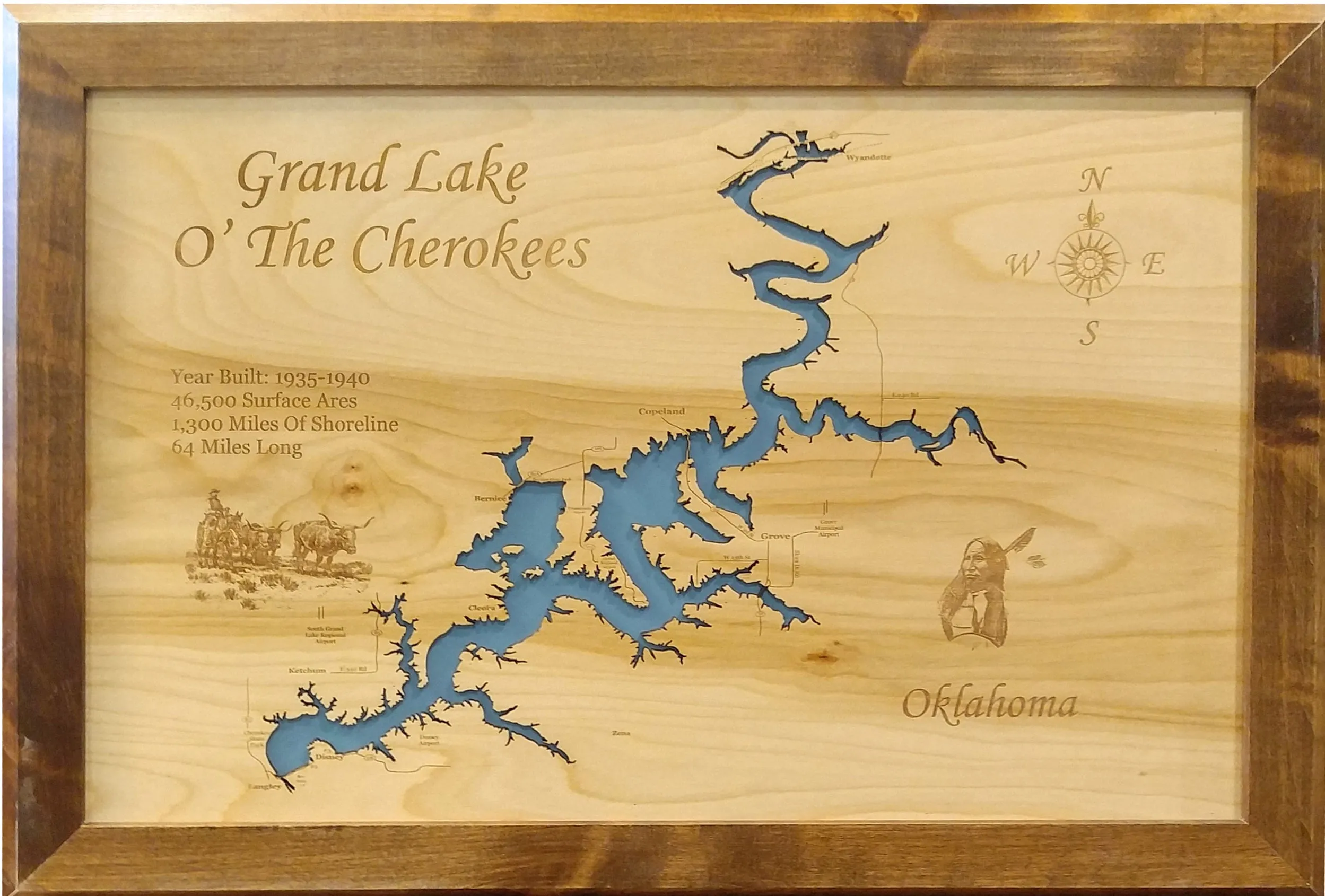 Grand Lake O' the Cherokees, OK  - Laser Cut Wood Map