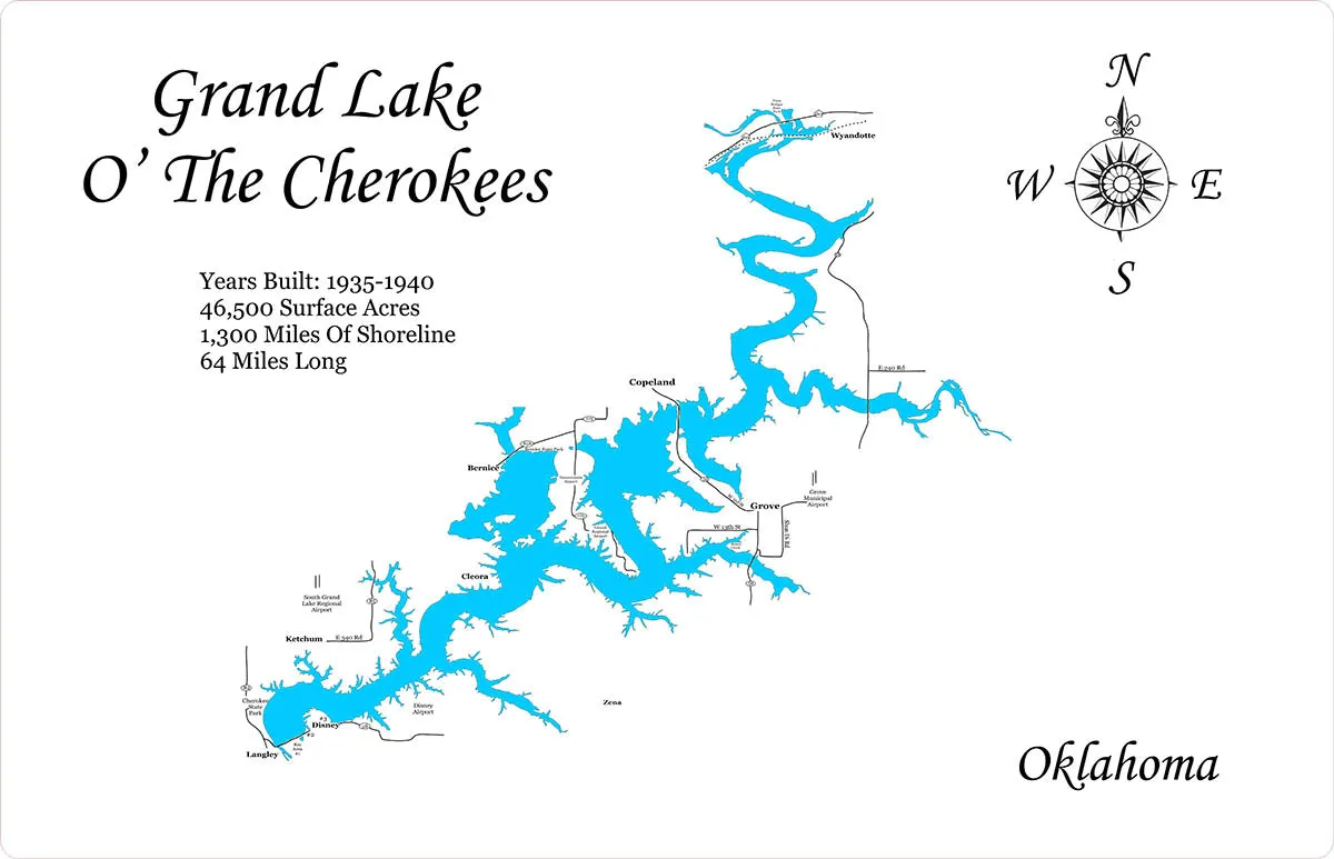 Grand Lake O' the Cherokees, OK  - Laser Cut Wood Map