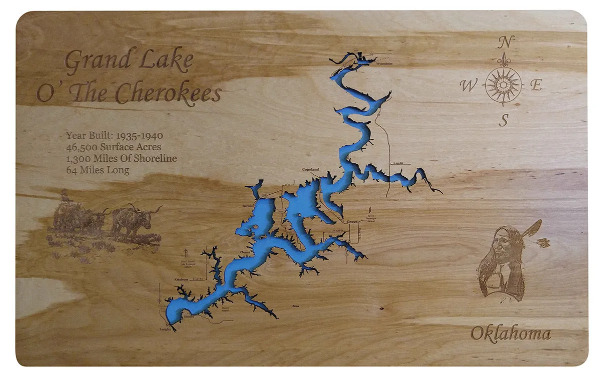 Grand Lake O' the Cherokees, OK  - Laser Cut Wood Map