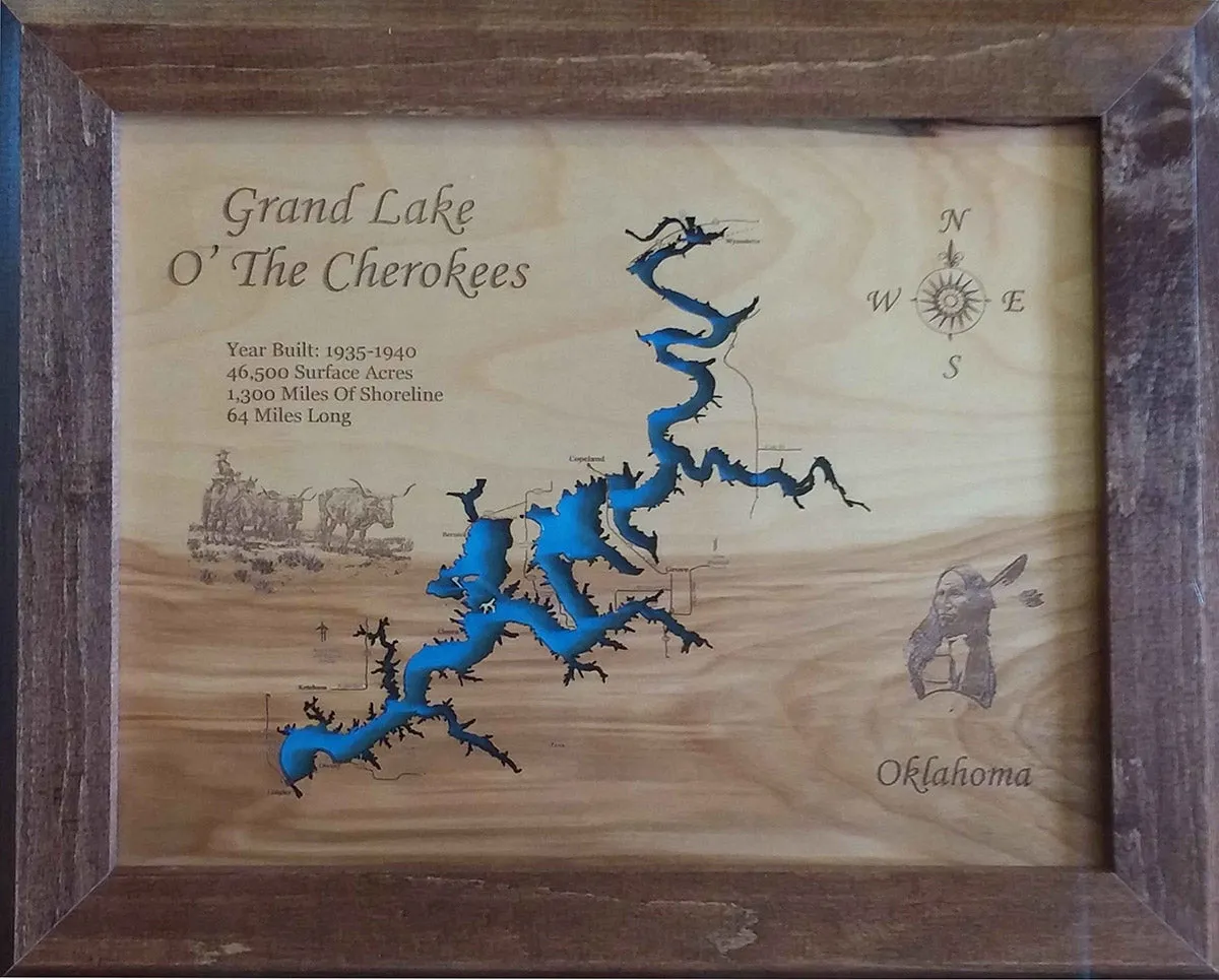 Grand Lake O' the Cherokees, OK  - Laser Cut Wood Map