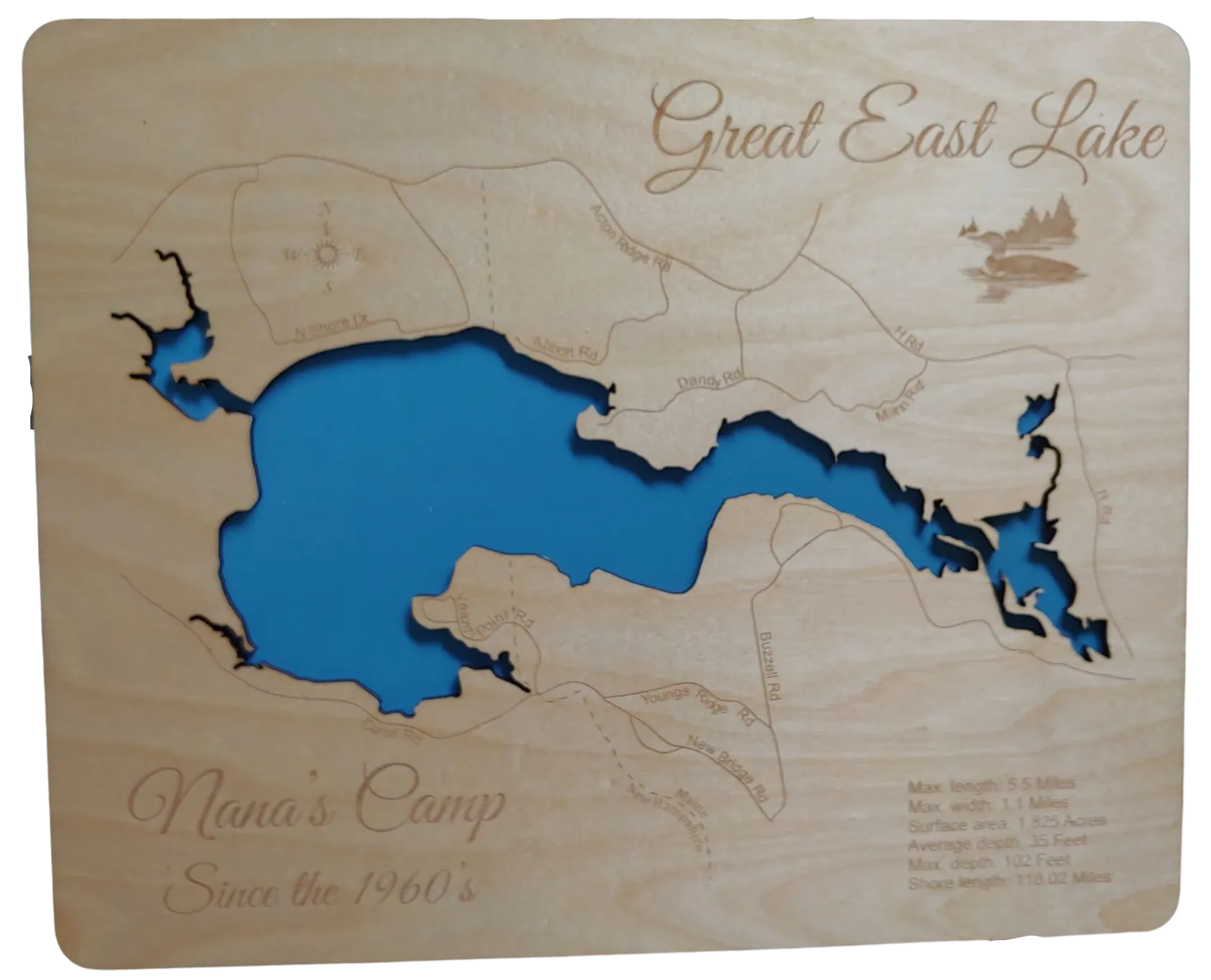 Great East Lake in Maine and New Hampshire - Laser Cut Wood Map