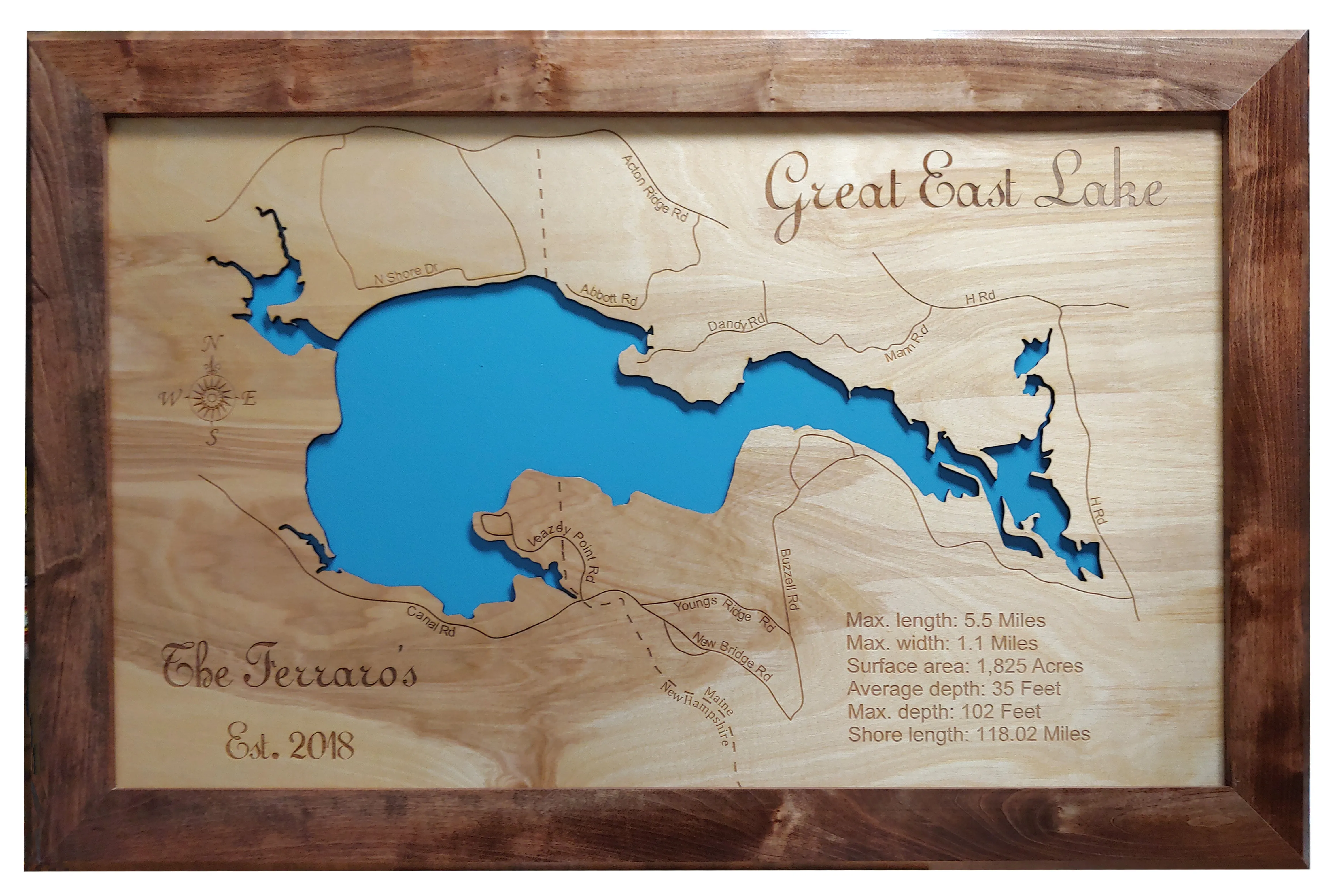 Great East Lake in Maine and New Hampshire - Laser Cut Wood Map