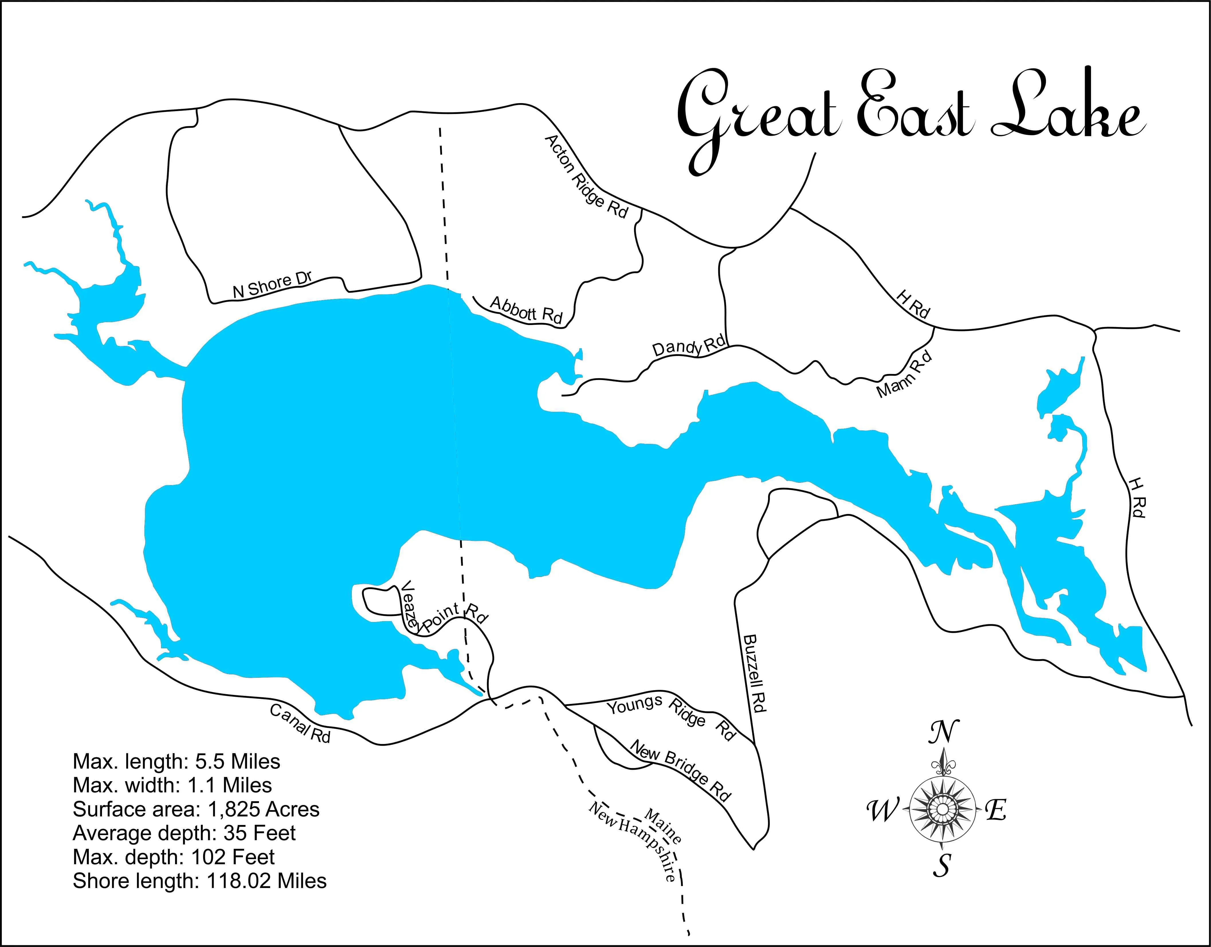 Great East Lake in Maine and New Hampshire - Laser Cut Wood Map