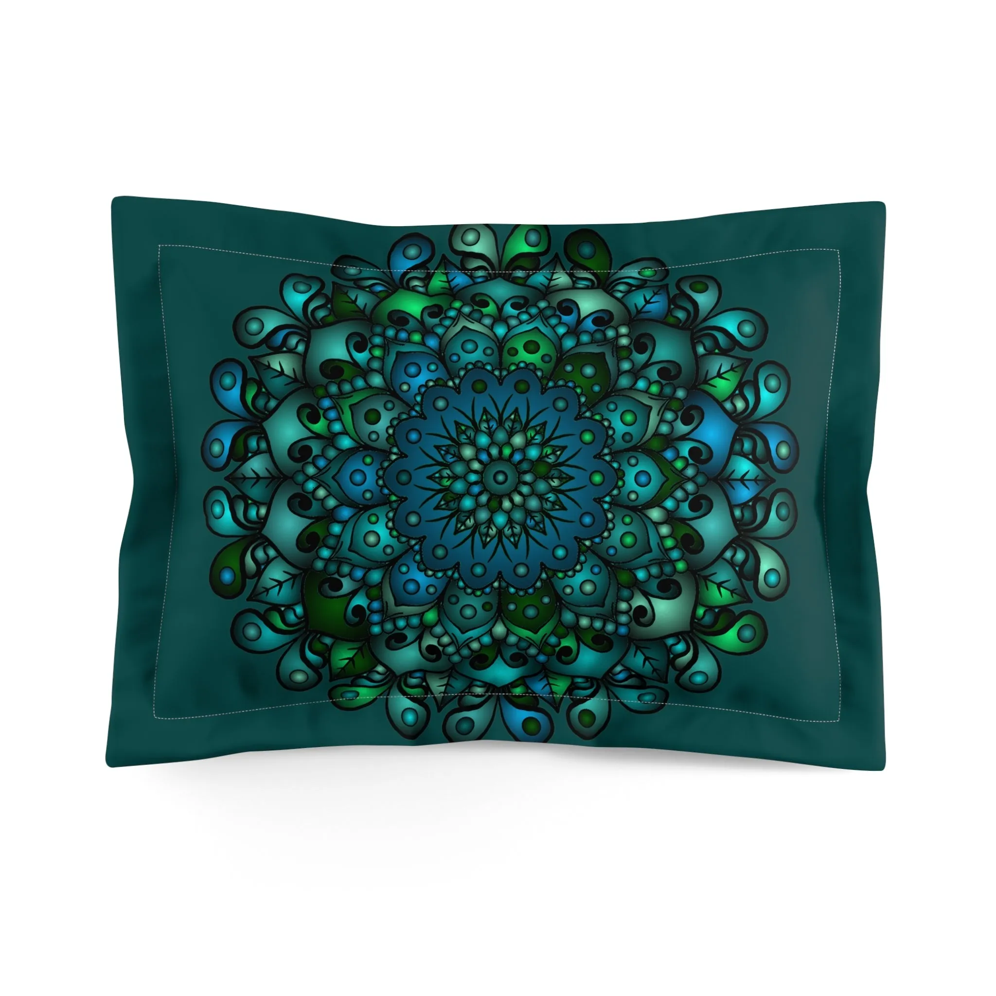 Green Mandala Art Microfiber Pillow Sham - Handmade Design