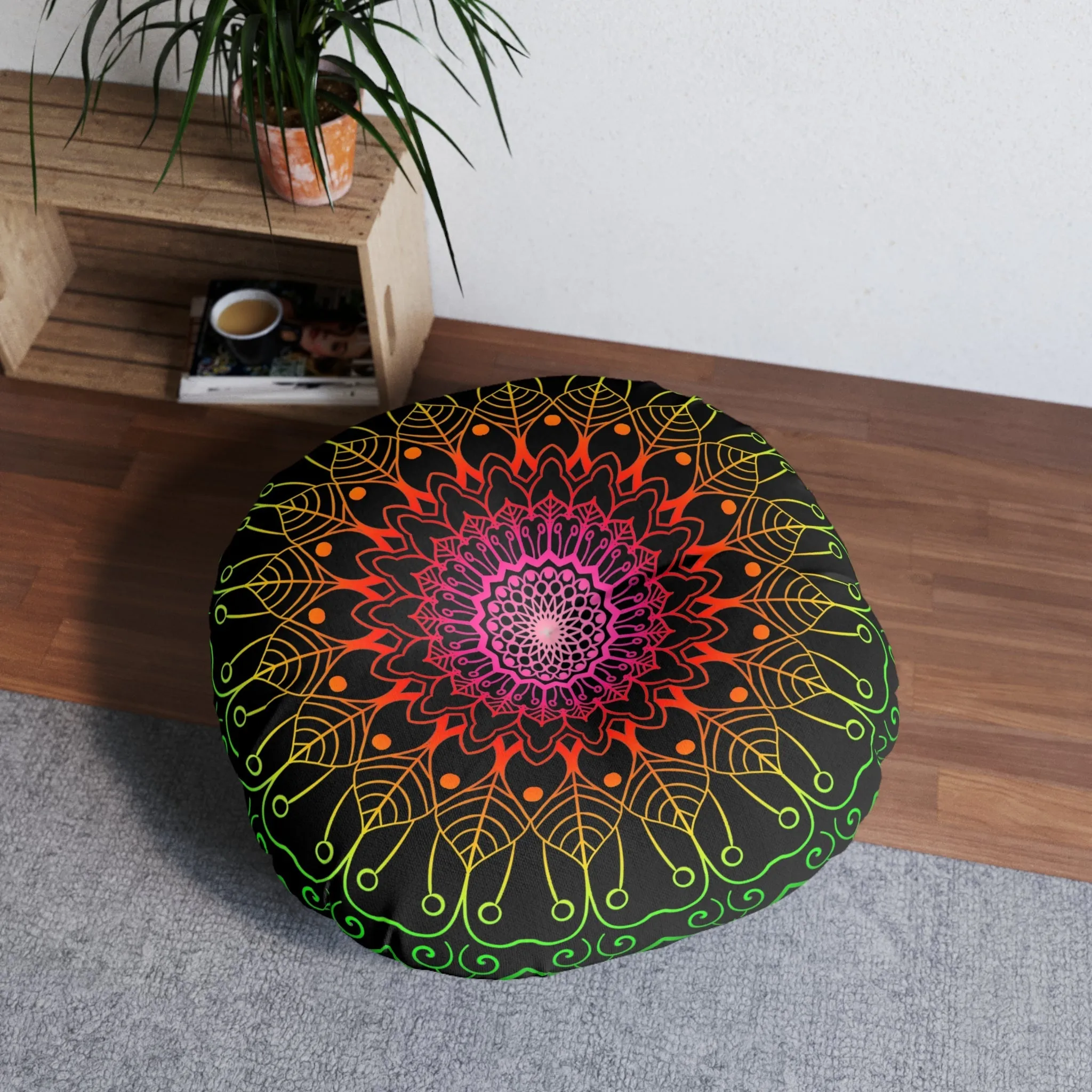 Hand Drawn Mandala Art Floor Cushion - Flower Colors on Black, Tufted