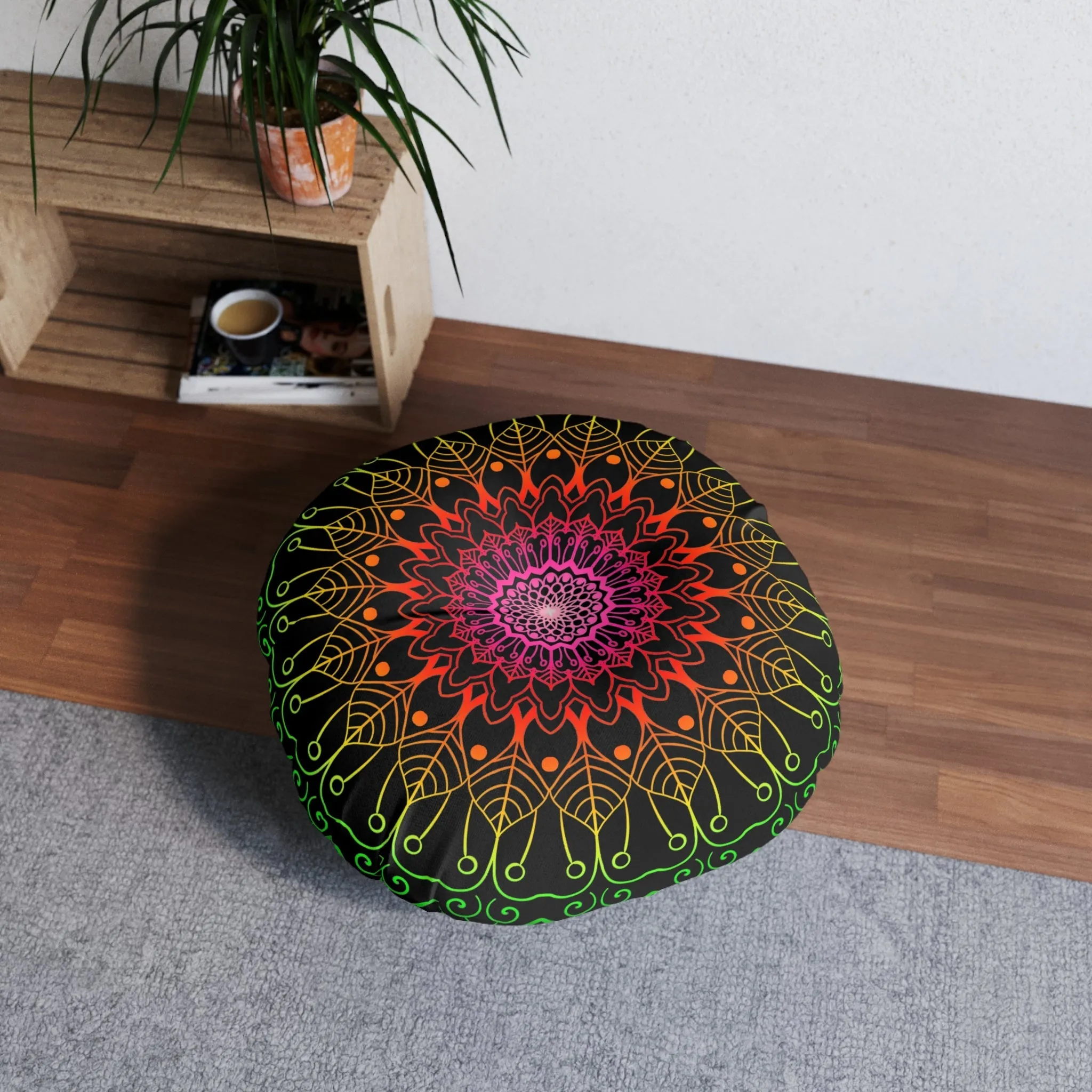 Hand Drawn Mandala Art Floor Cushion - Flower Colors on Black, Tufted