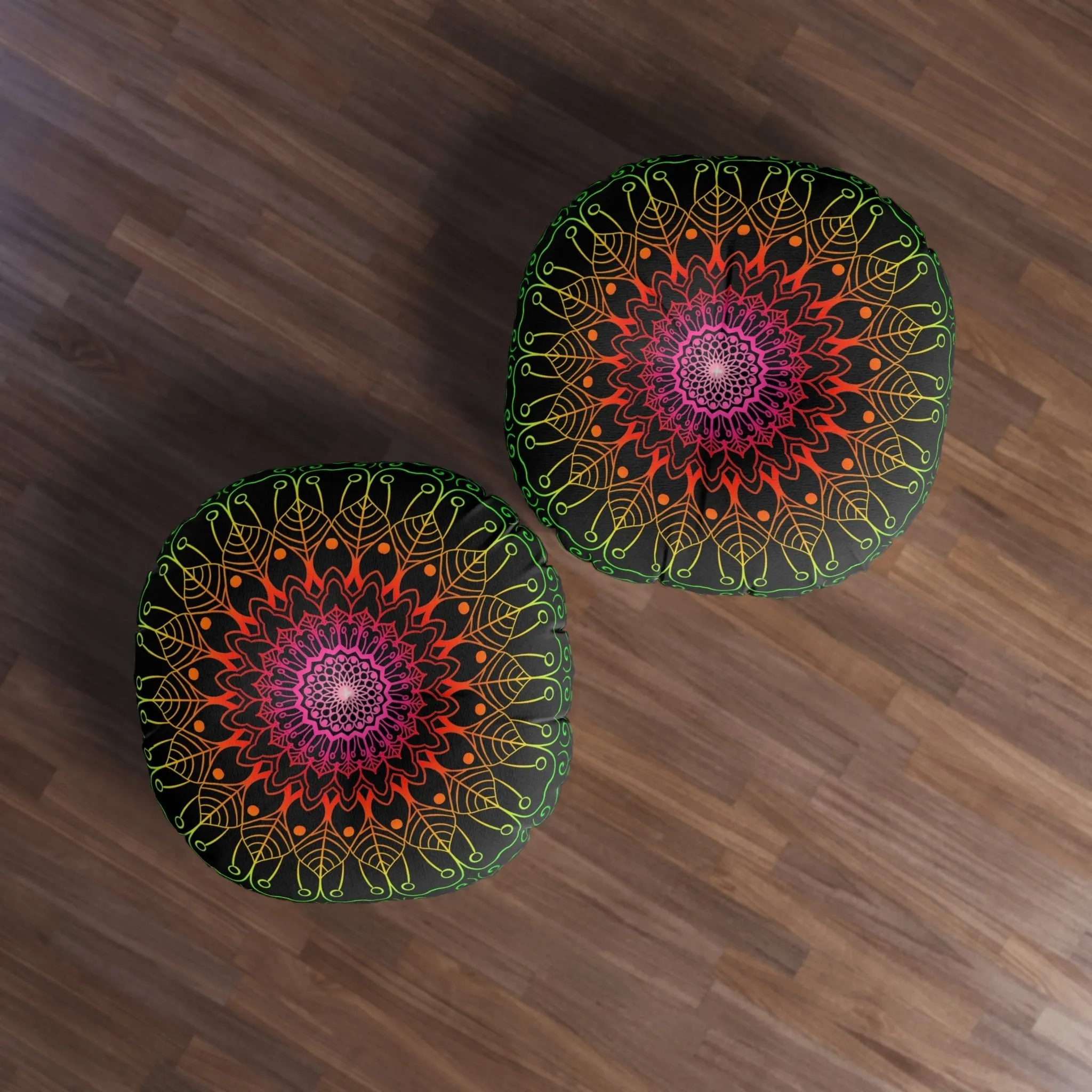 Hand Drawn Mandala Art Floor Cushion - Flower Colors on Black, Tufted