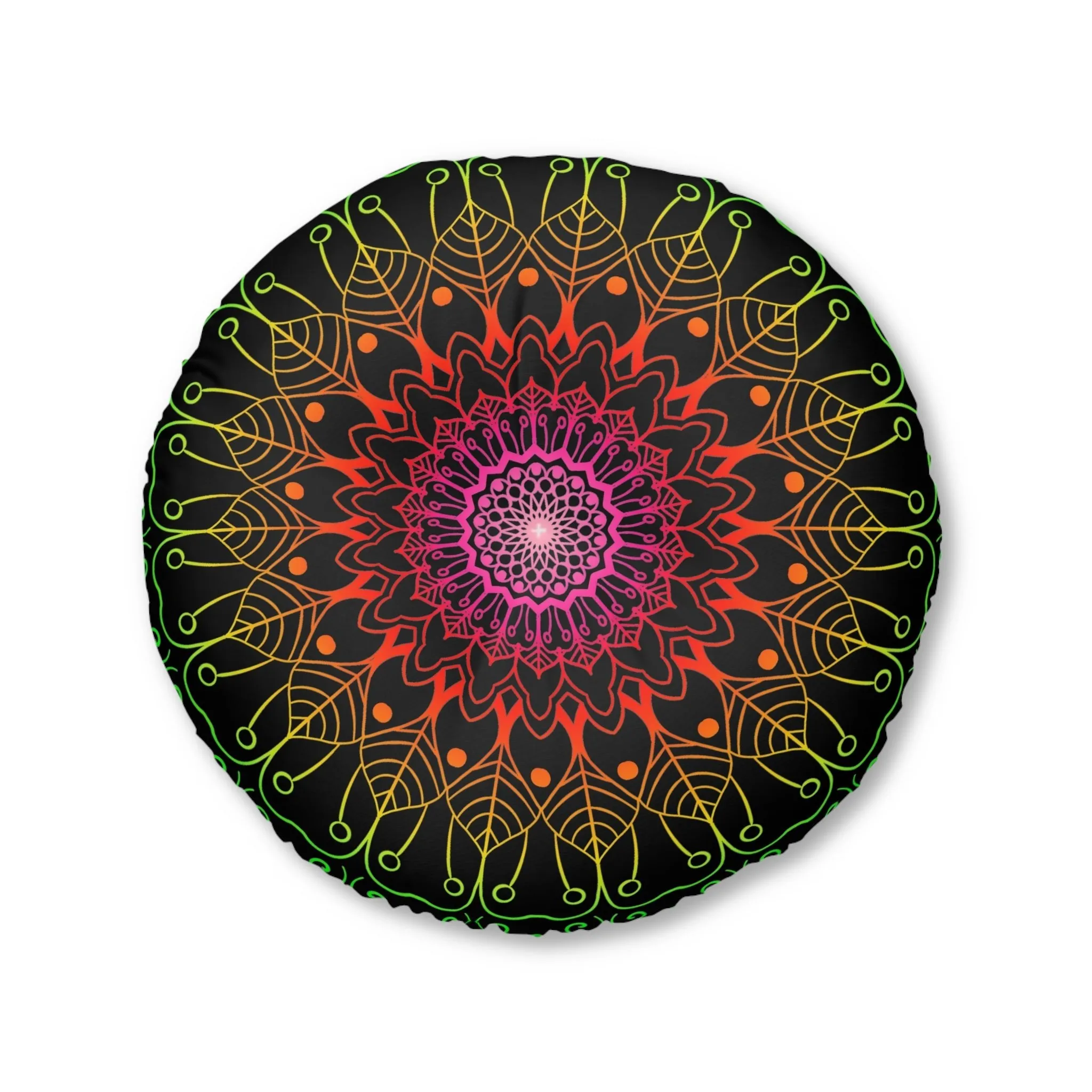 Hand Drawn Mandala Art Floor Cushion - Flower Colors on Black, Tufted