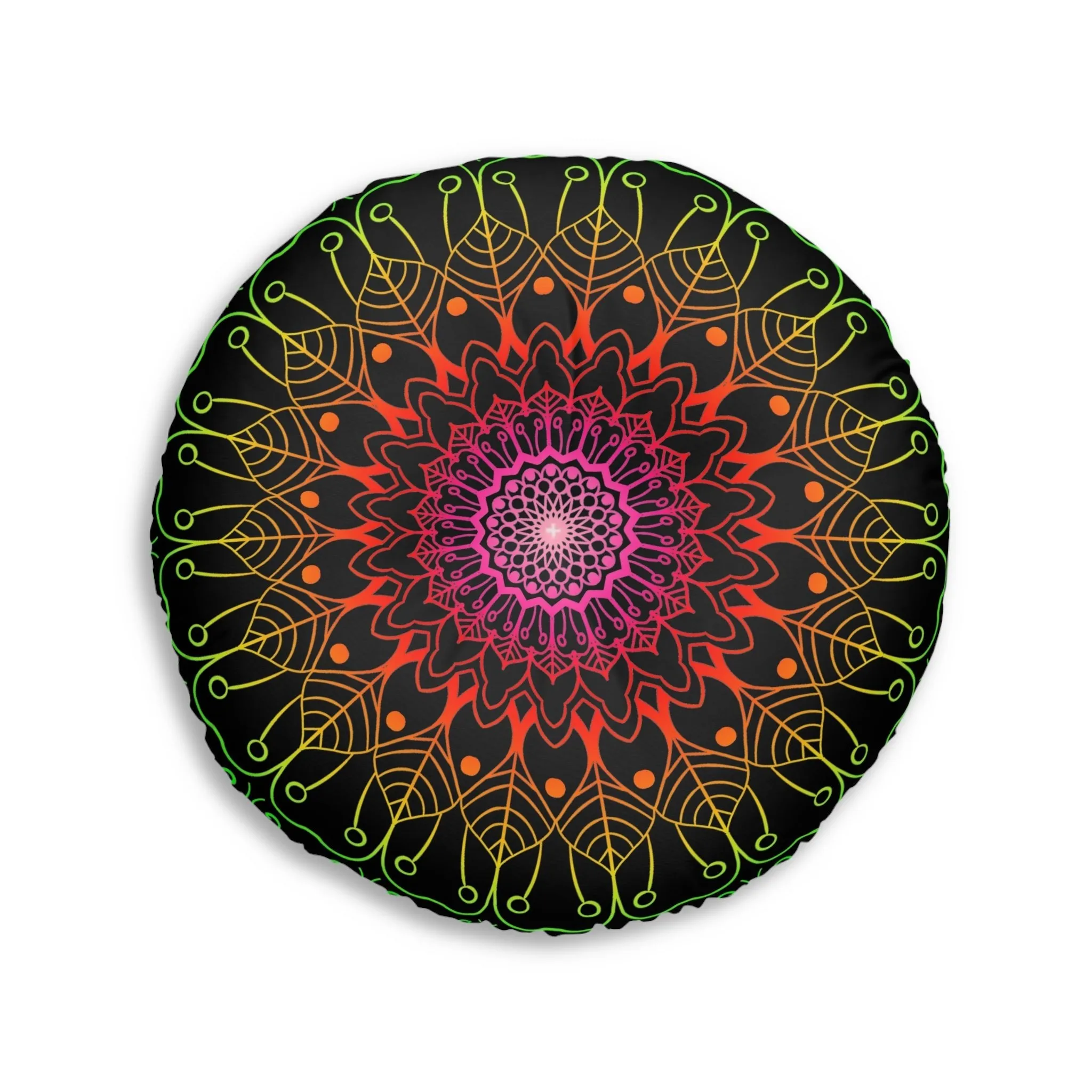 Hand Drawn Mandala Art Floor Cushion - Flower Colors on Black, Tufted