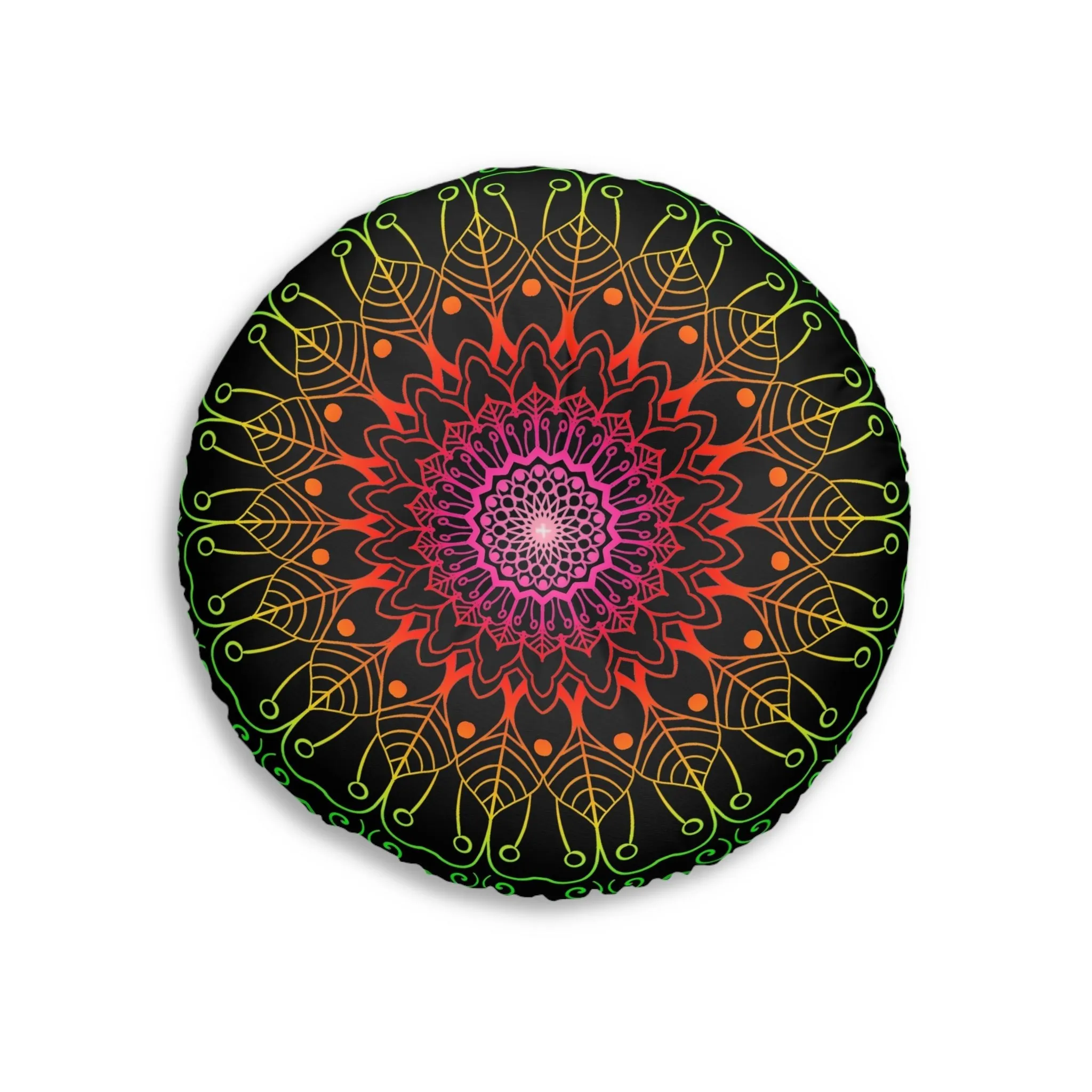 Hand Drawn Mandala Art Floor Cushion - Flower Colors on Black, Tufted